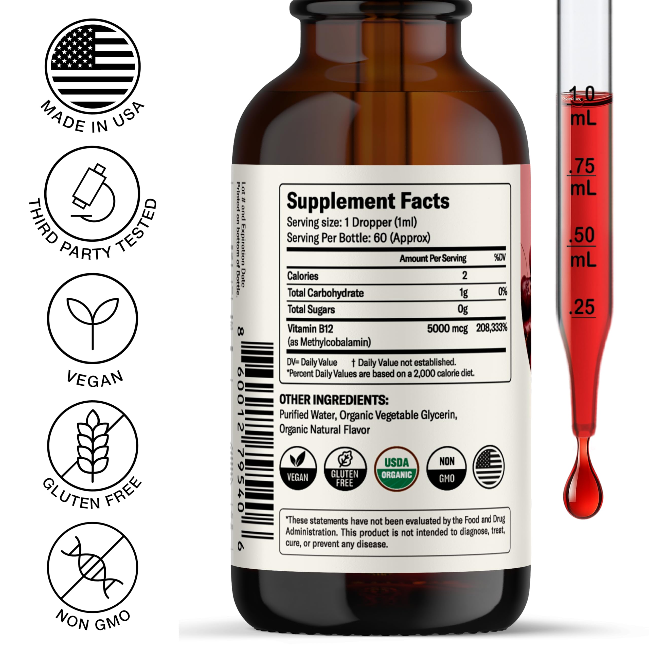Nursh+ B12 Liquid Drops bottle with label showing ingredients