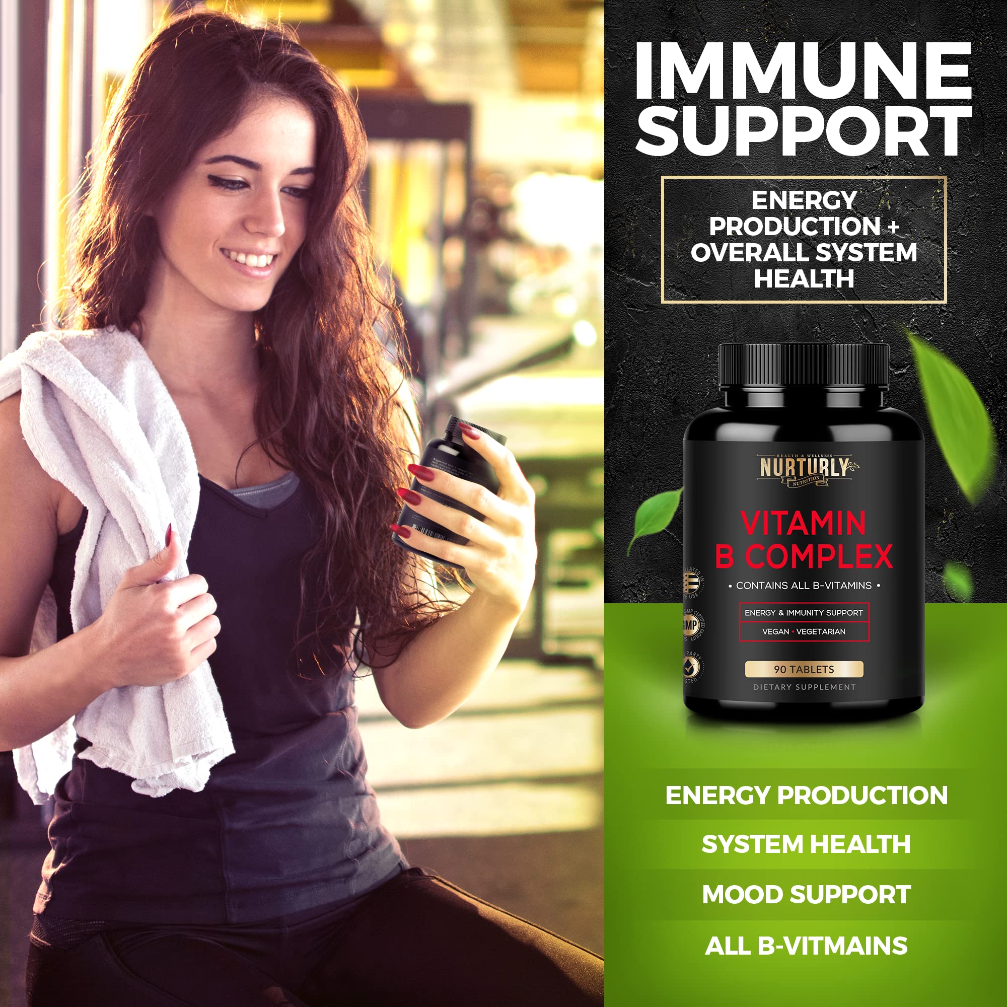 NURTURLY Super B Complex Vitamins packaging with a glass of water