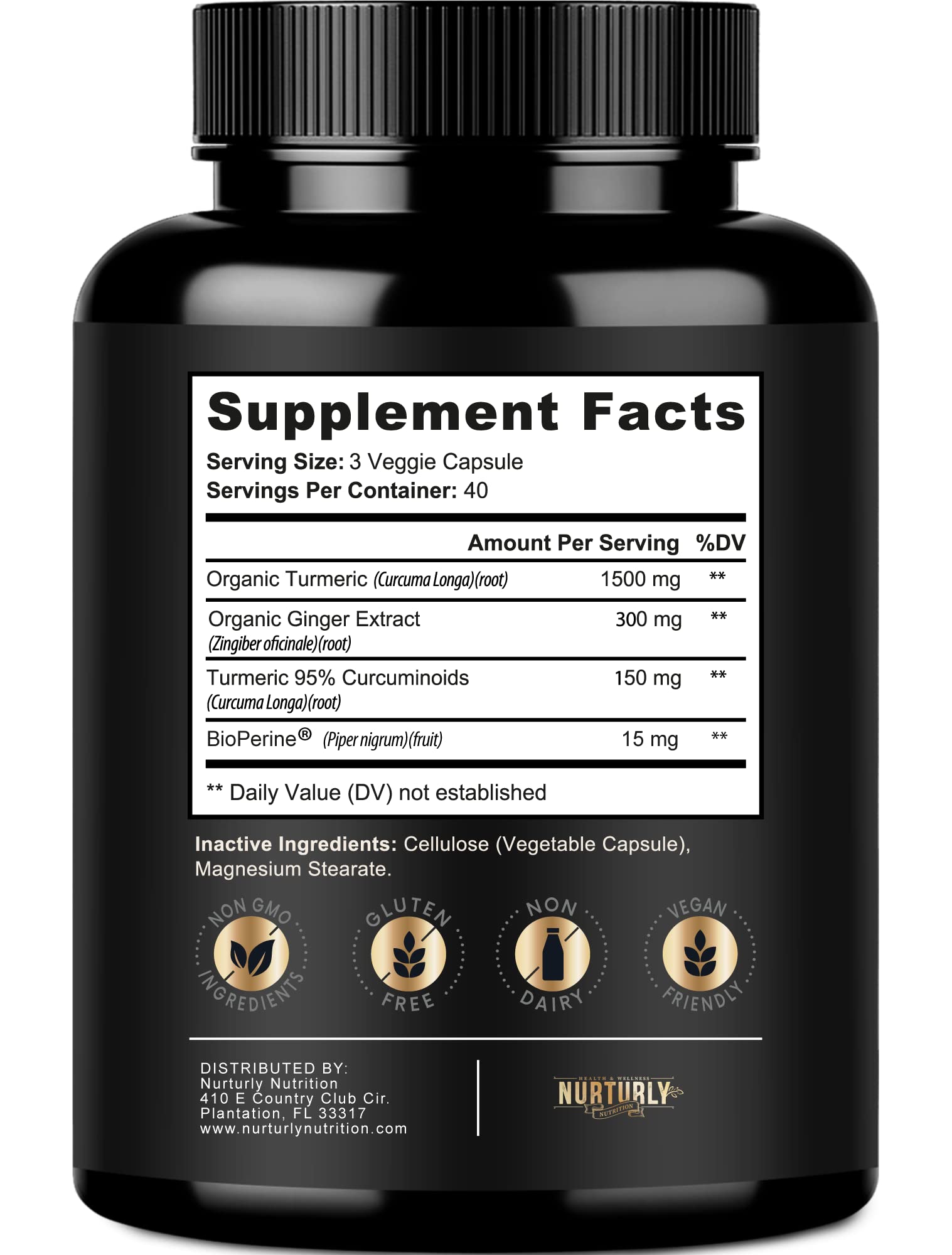NURTURLY Turmeric Curcumin with Ginger capsules bottle with label