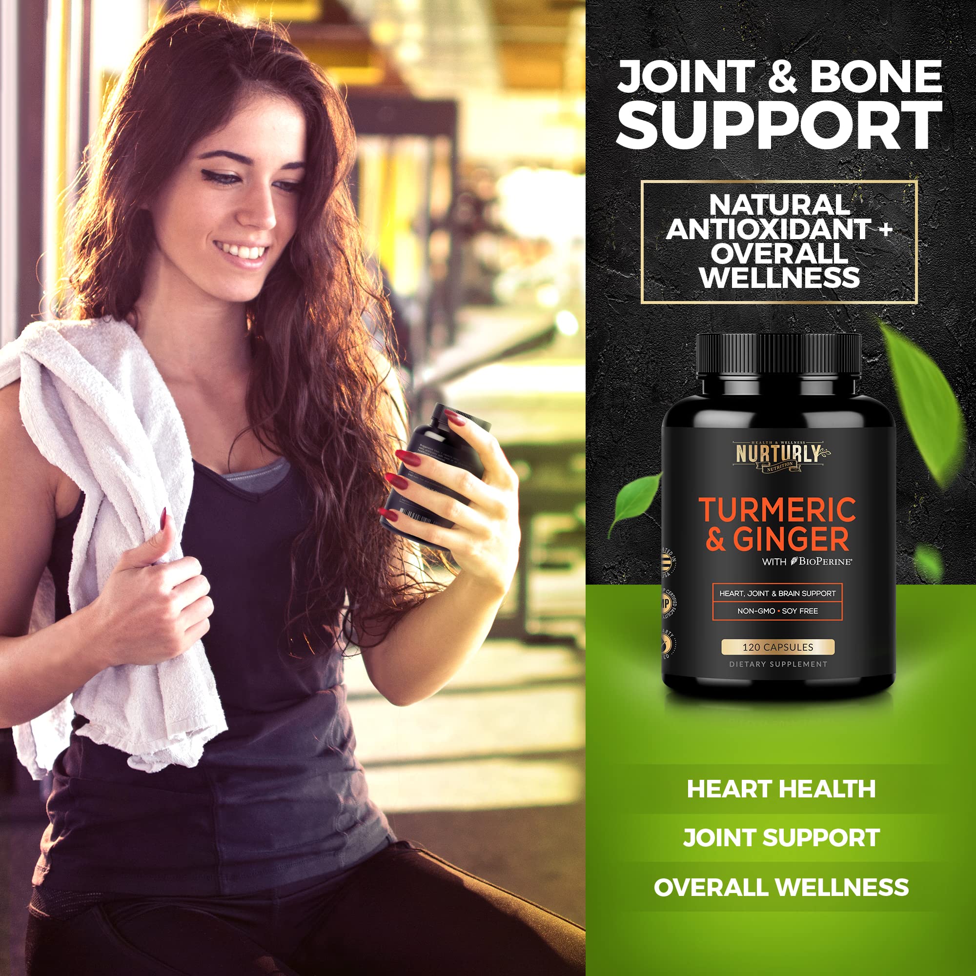 NURTURLY Turmeric Curcumin with Ginger capsules displayed with turmeric
