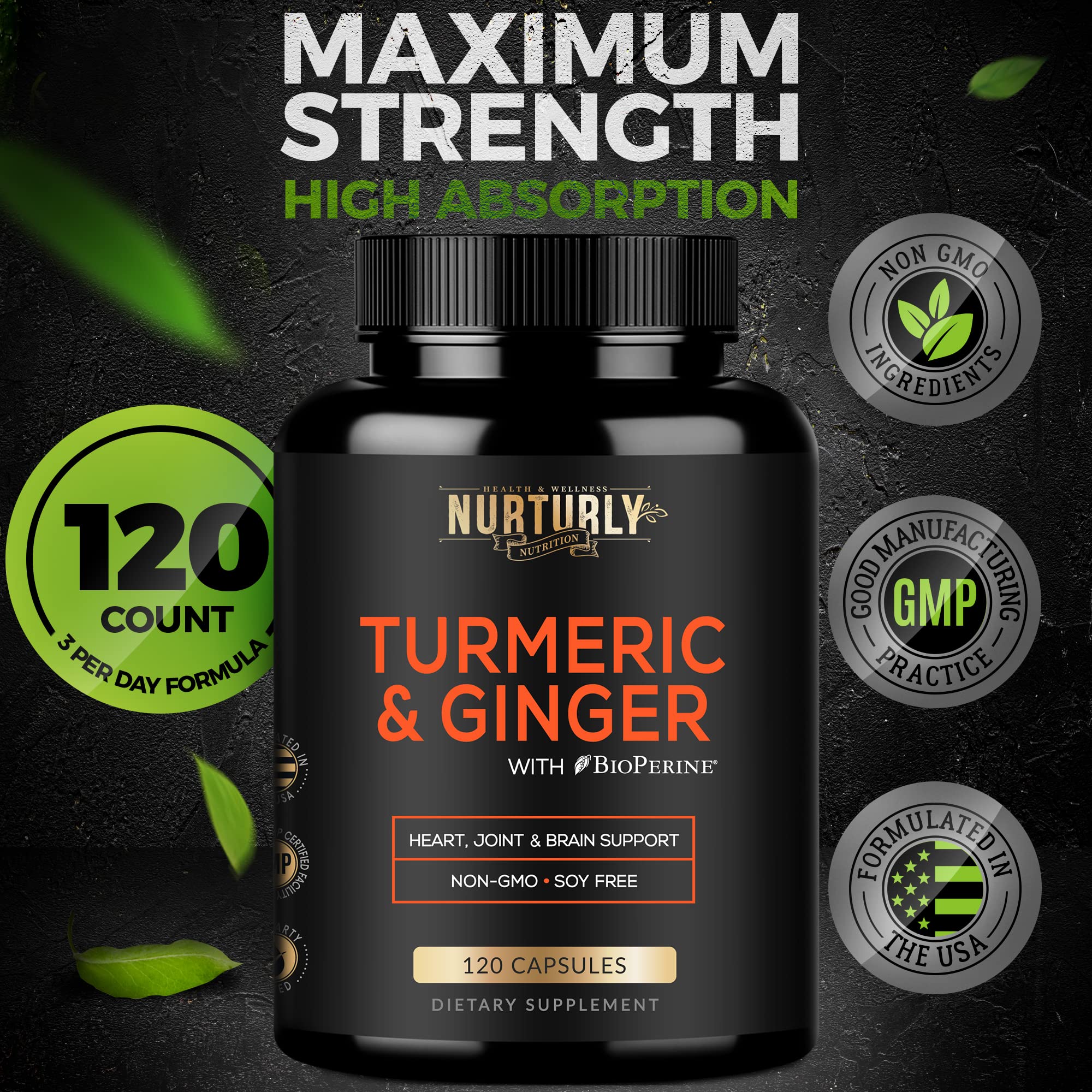 NURTURLY Turmeric Curcumin with Ginger capsules in a hand