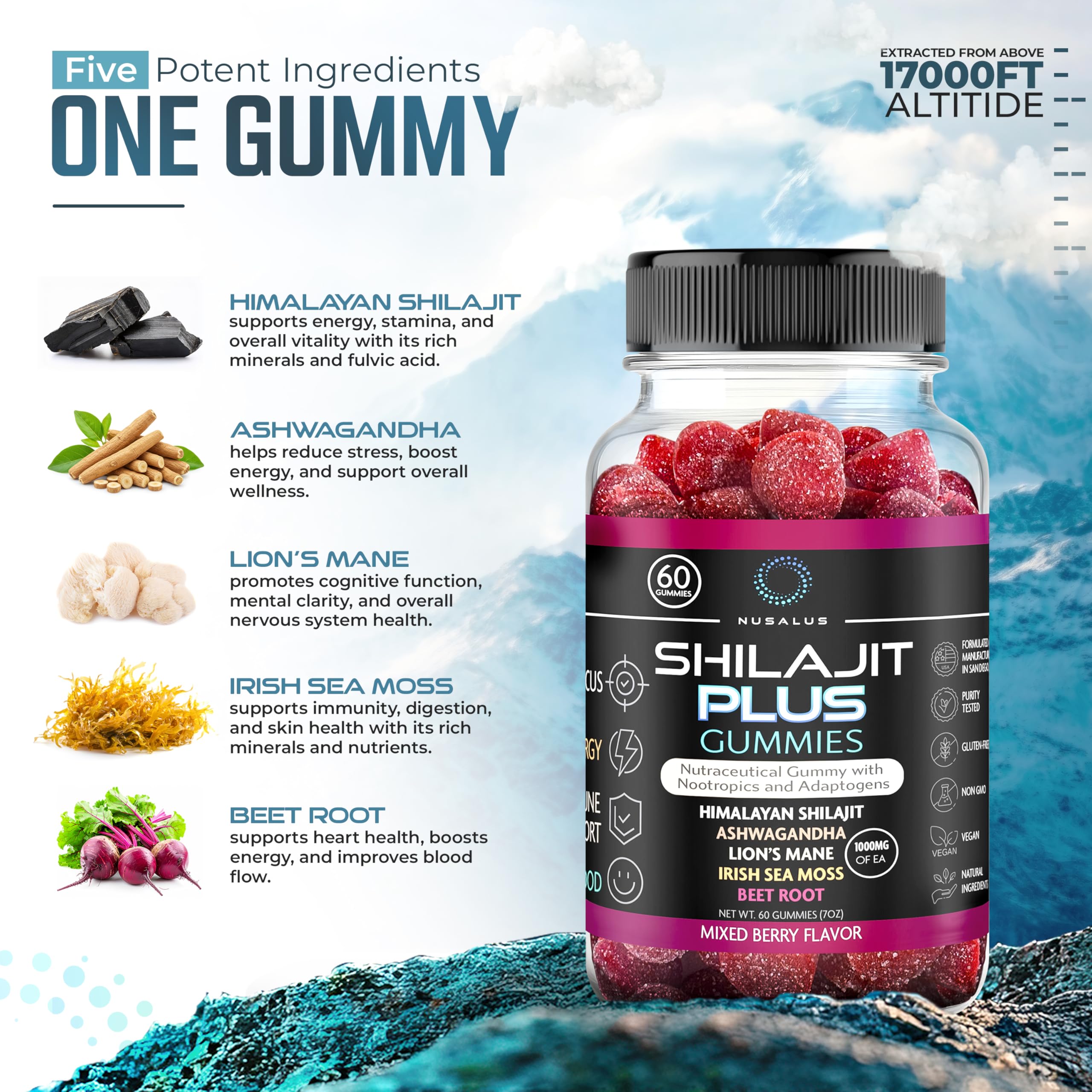 Nusalus Shilajit Plus Gummies close-up of gummy texture