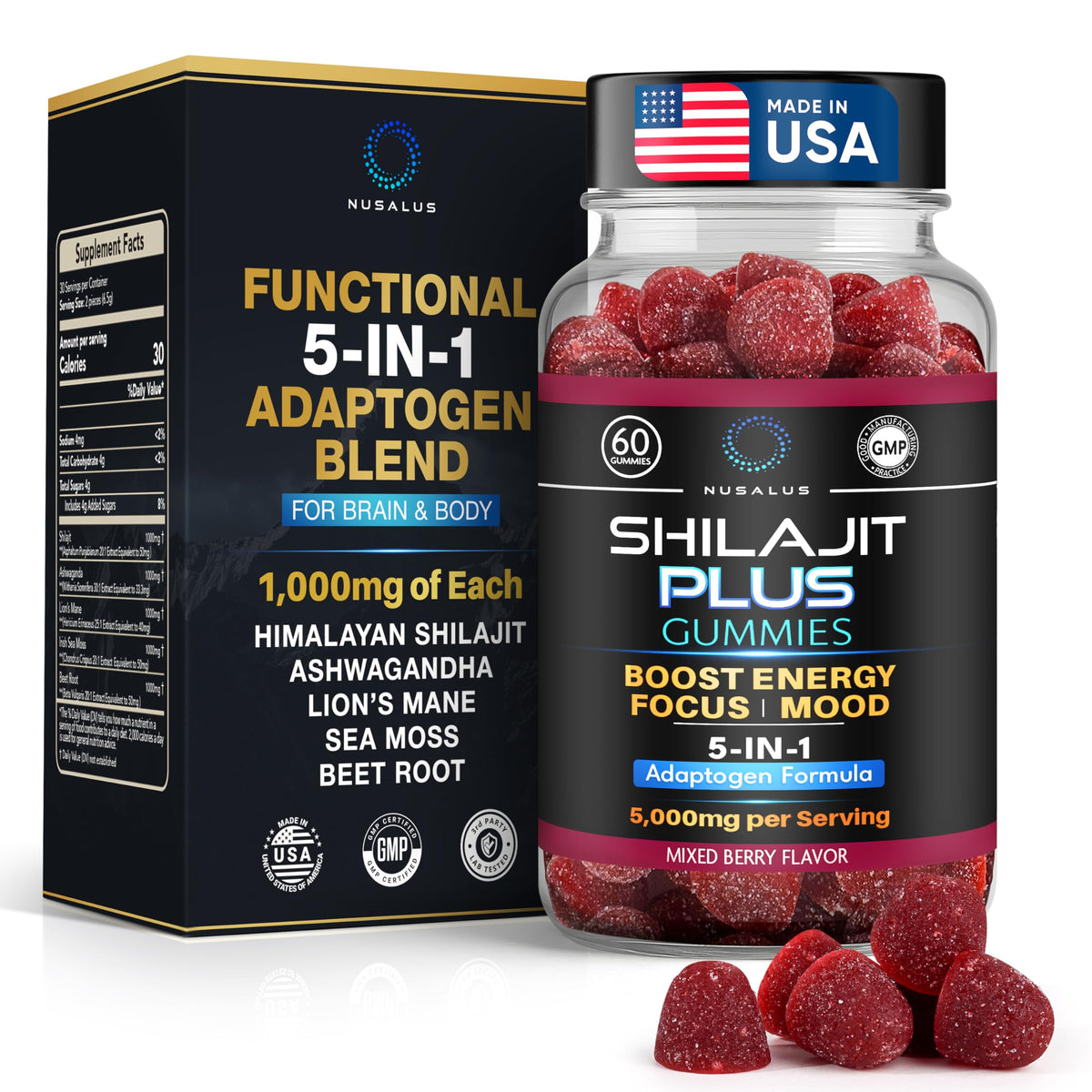 Nusalus Shilajit Plus Gummies front view with packaging