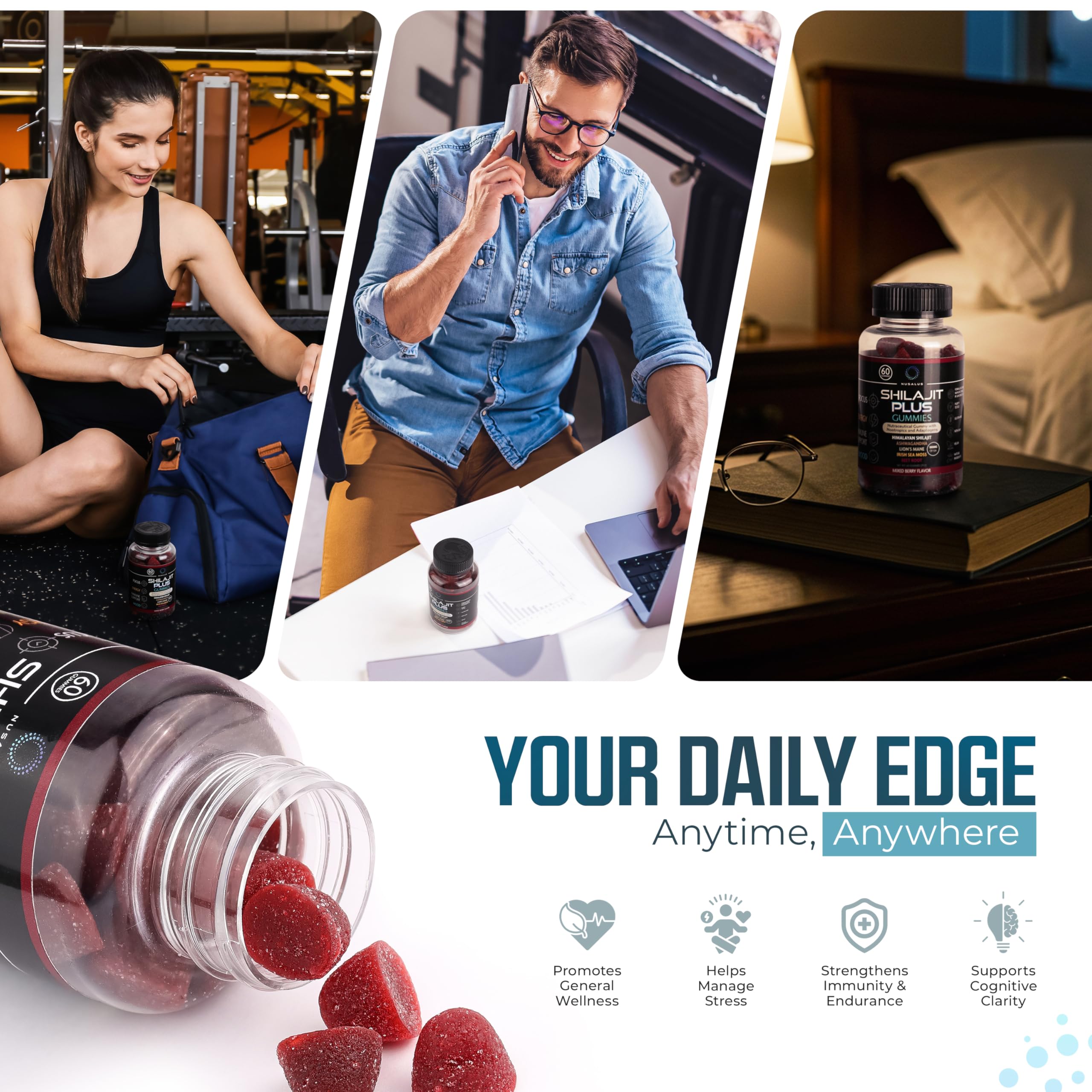 Nusalus Shilajit Plus Gummies on a wooden table