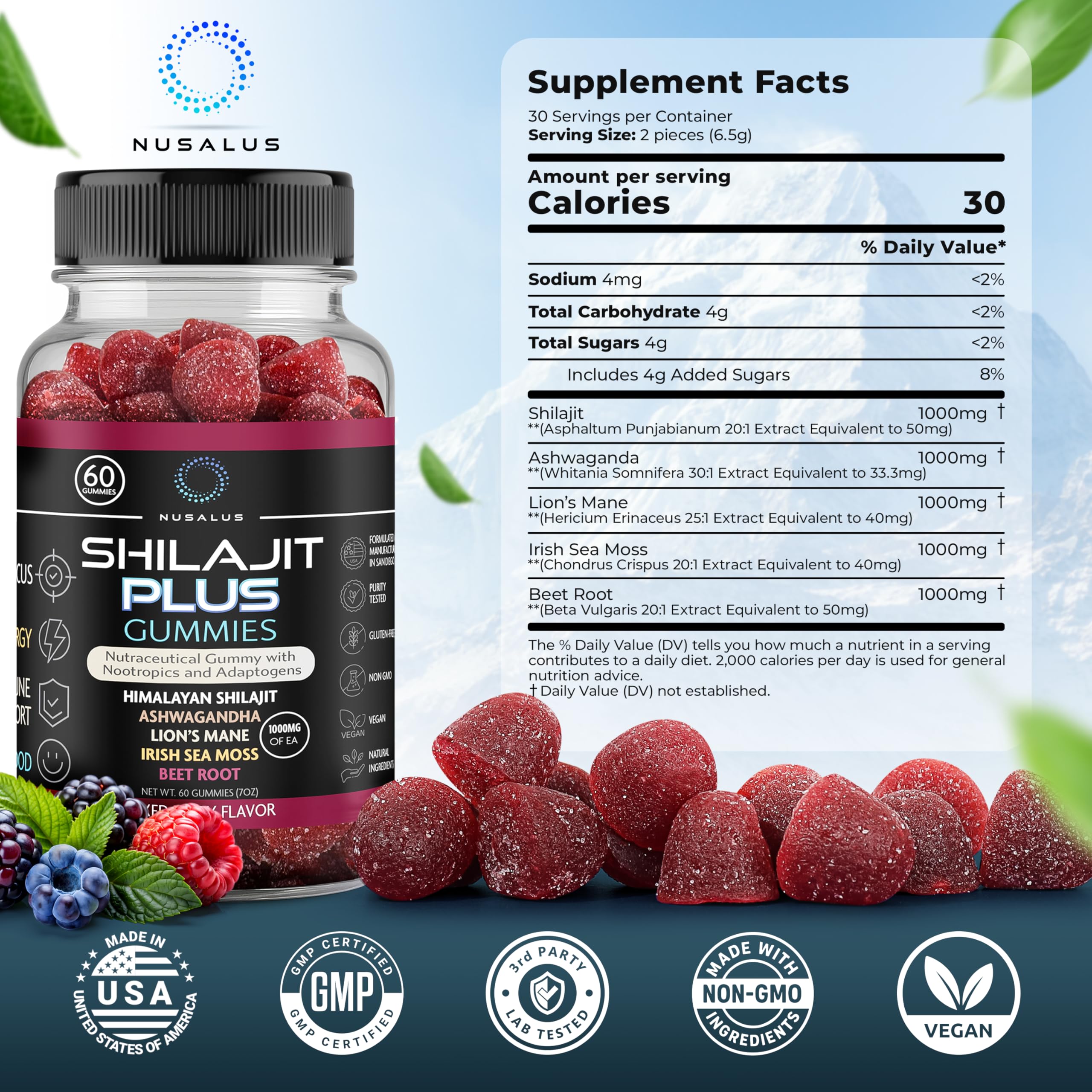 Nusalus Shilajit Plus Gummies with lifestyle background