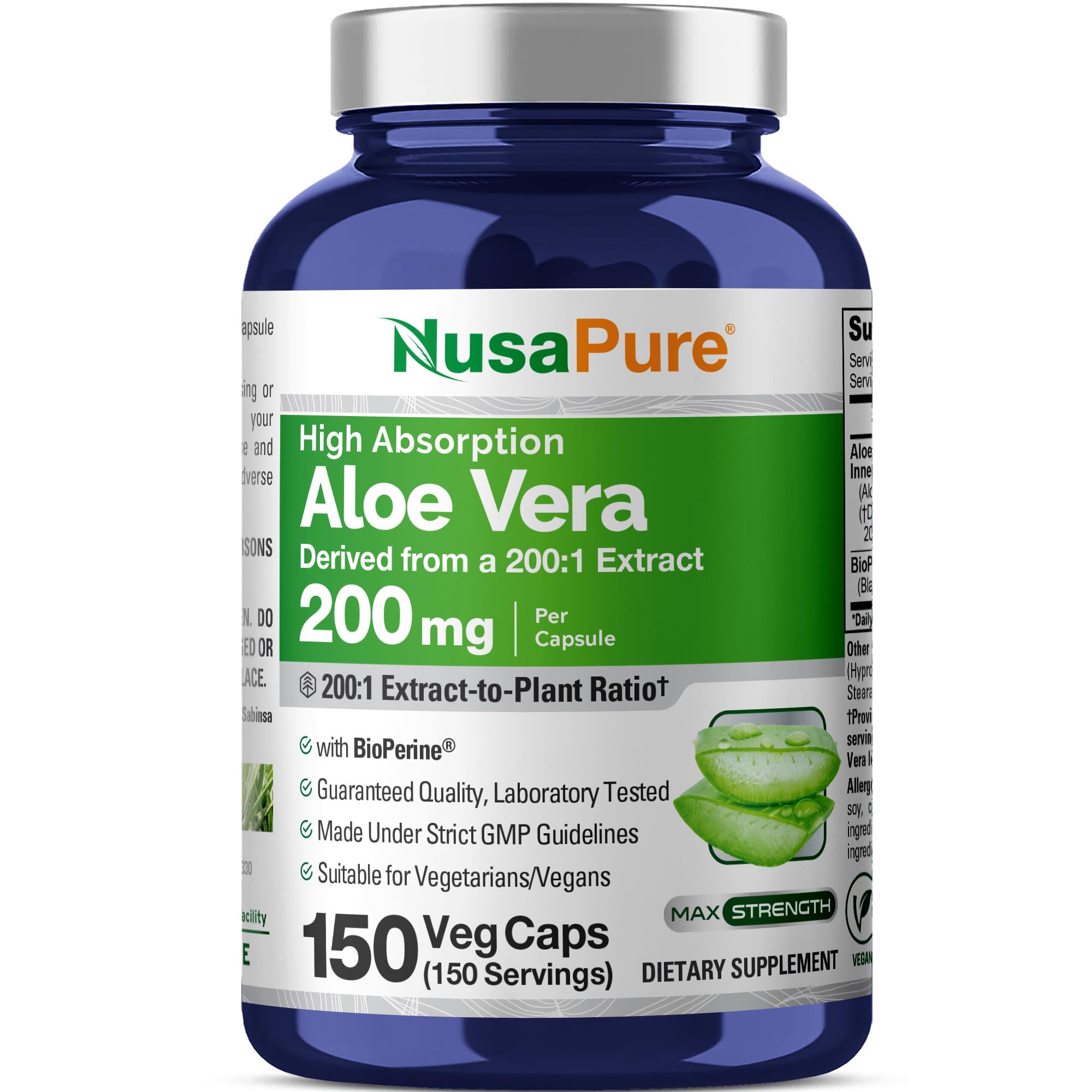 NusaPure Aloe Vera Gel Supplement 200 mg 150 Capsules front view