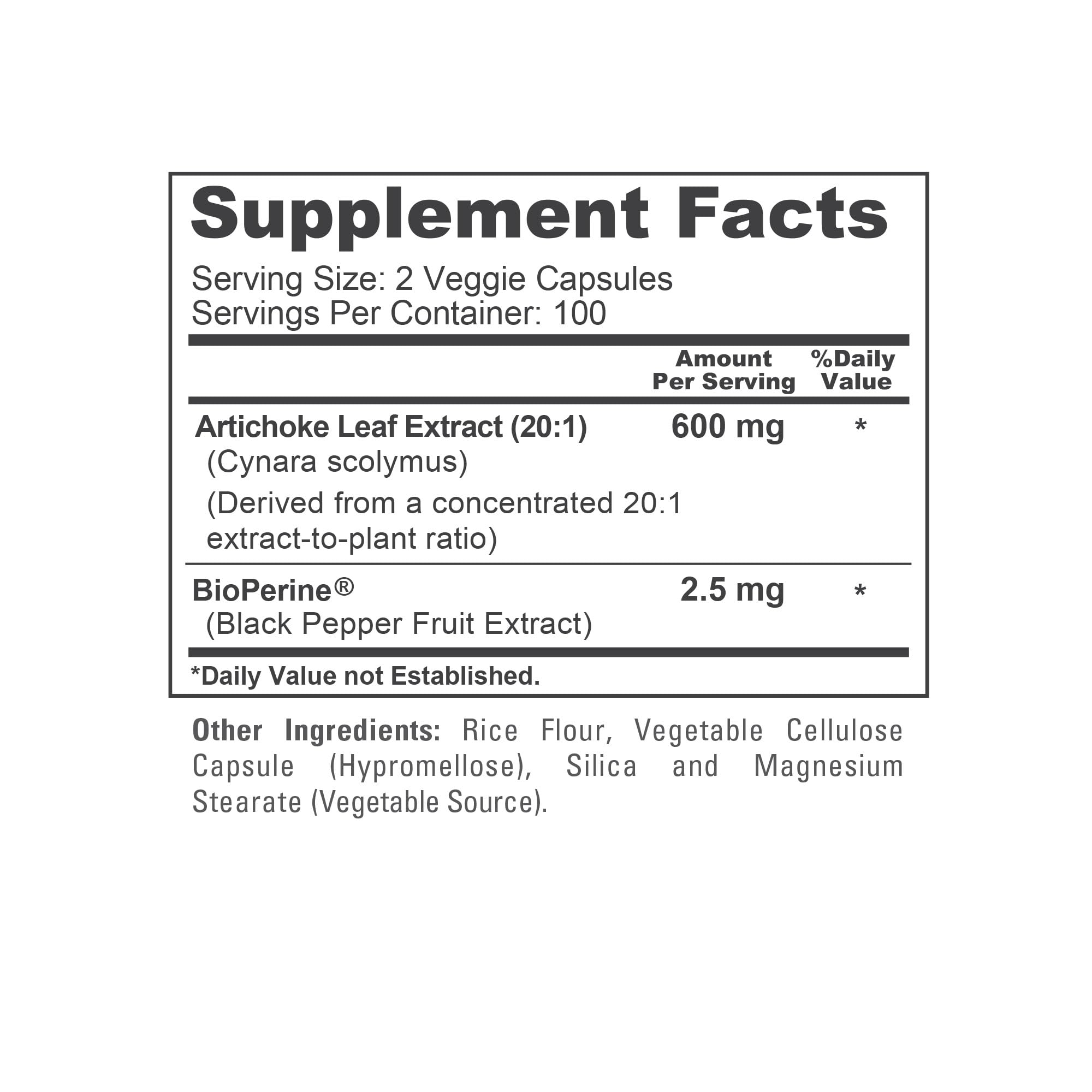 NusaPure Artichoke Capsules 600mg back view with ingredient list