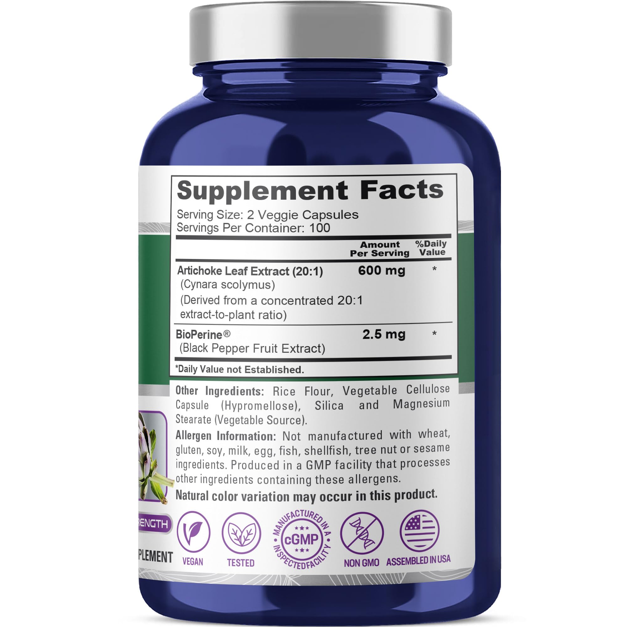 NusaPure Artichoke Capsules 600mg side view showing capsule count