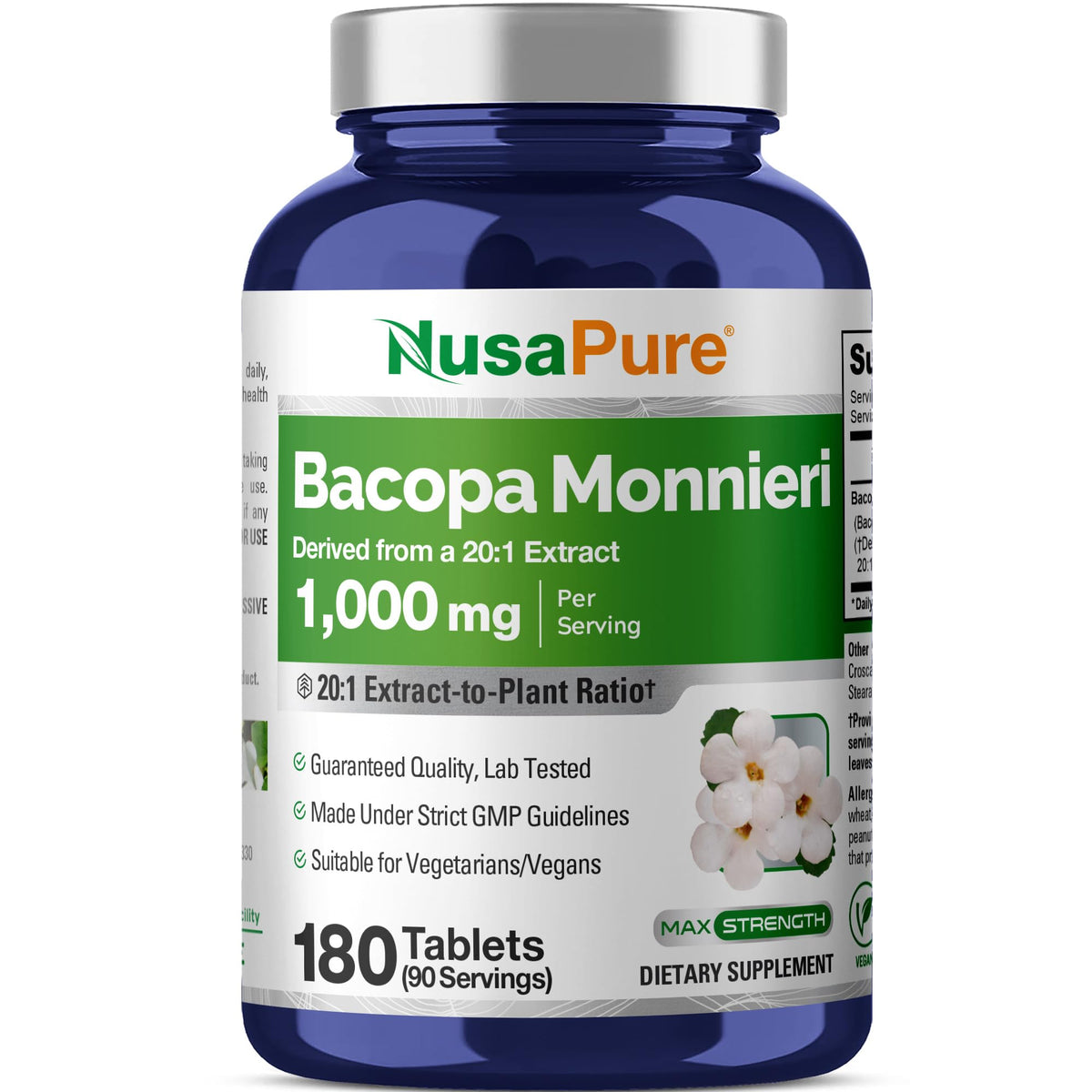 NusaPure Bacopa Leaf Monnieri Capsules 1000 mg bottle front view