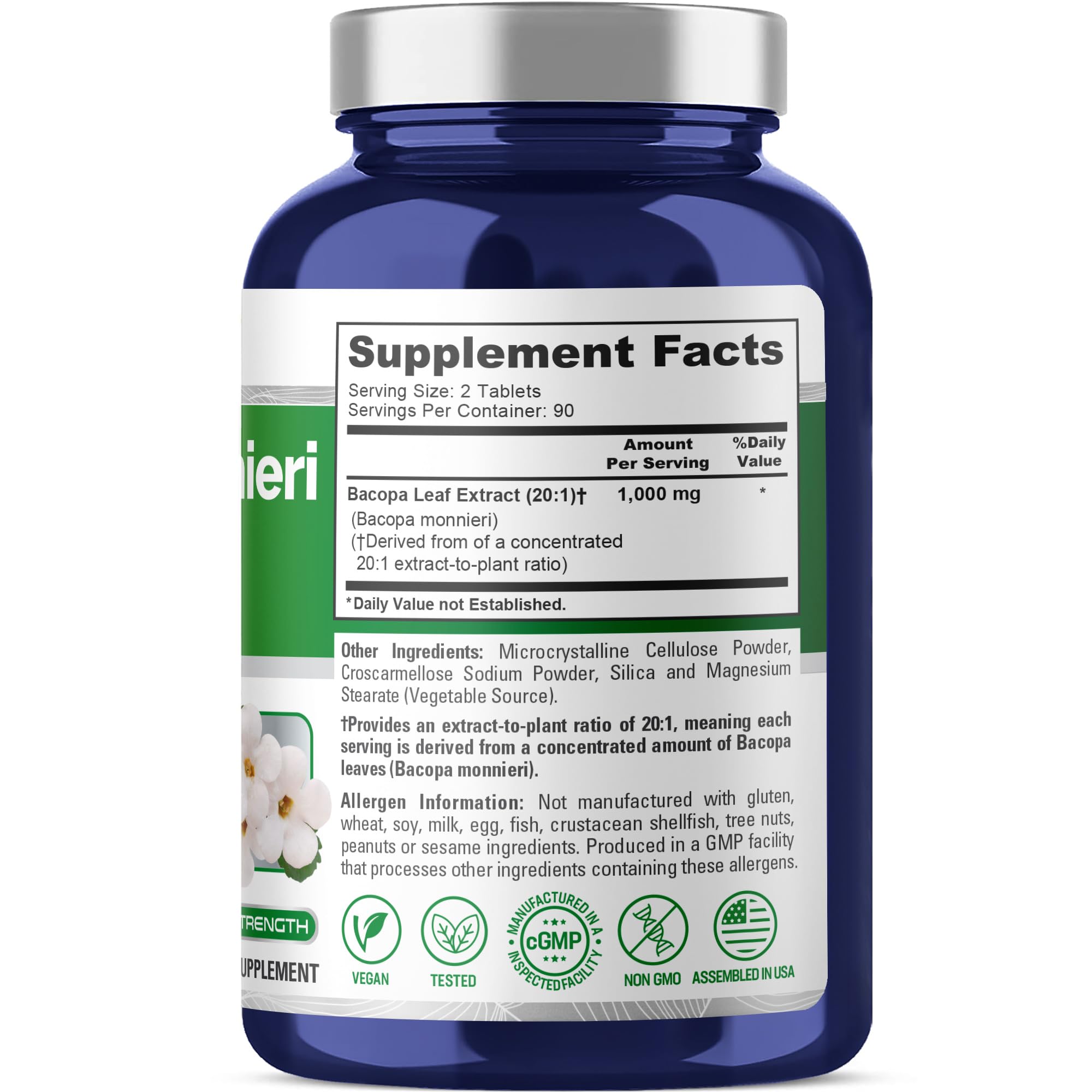 NusaPure Bacopa Leaf Monnieri Capsules 1000 mg bottle side view