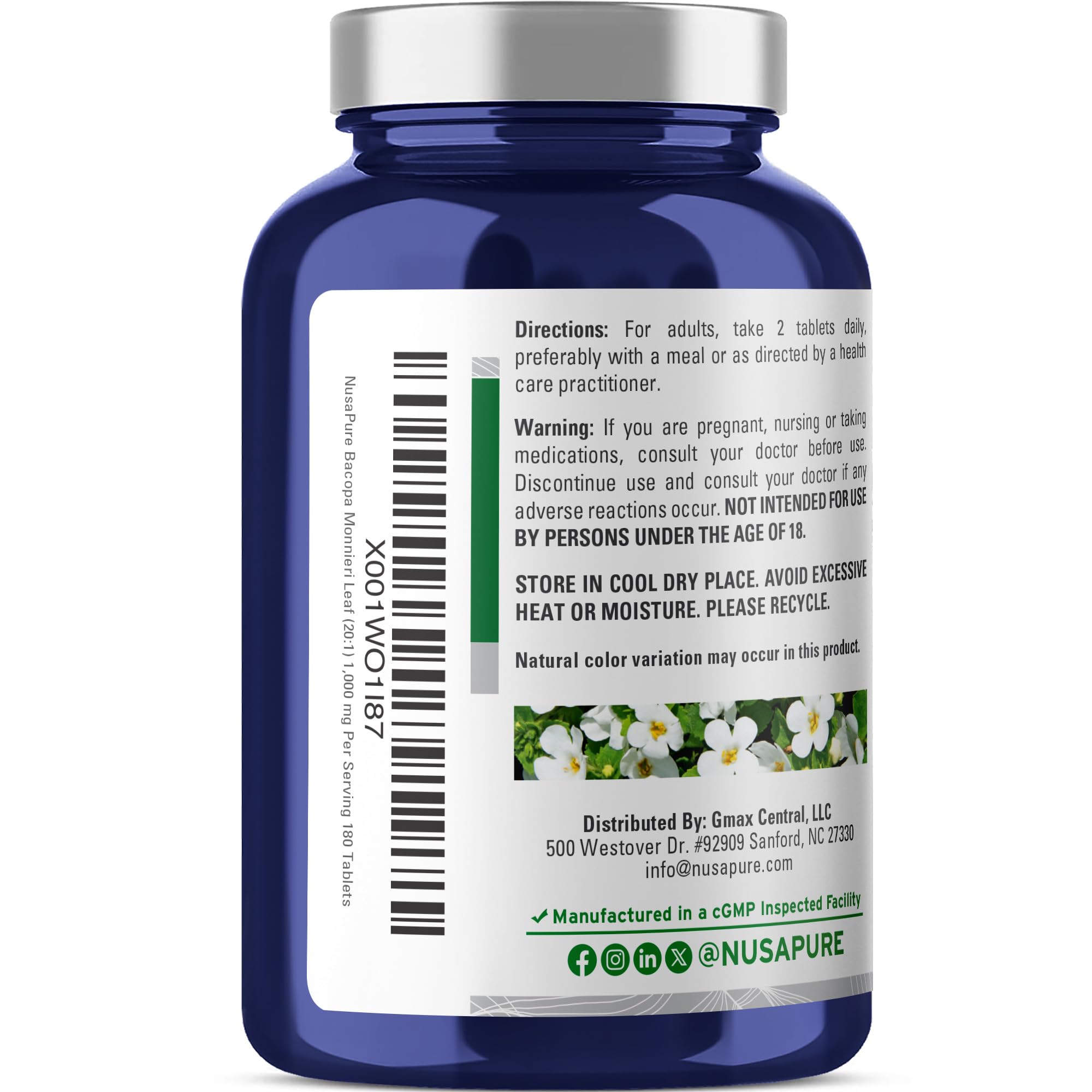 NusaPure Bacopa Leaf Monnieri Capsules 1000 mg tablets close-up