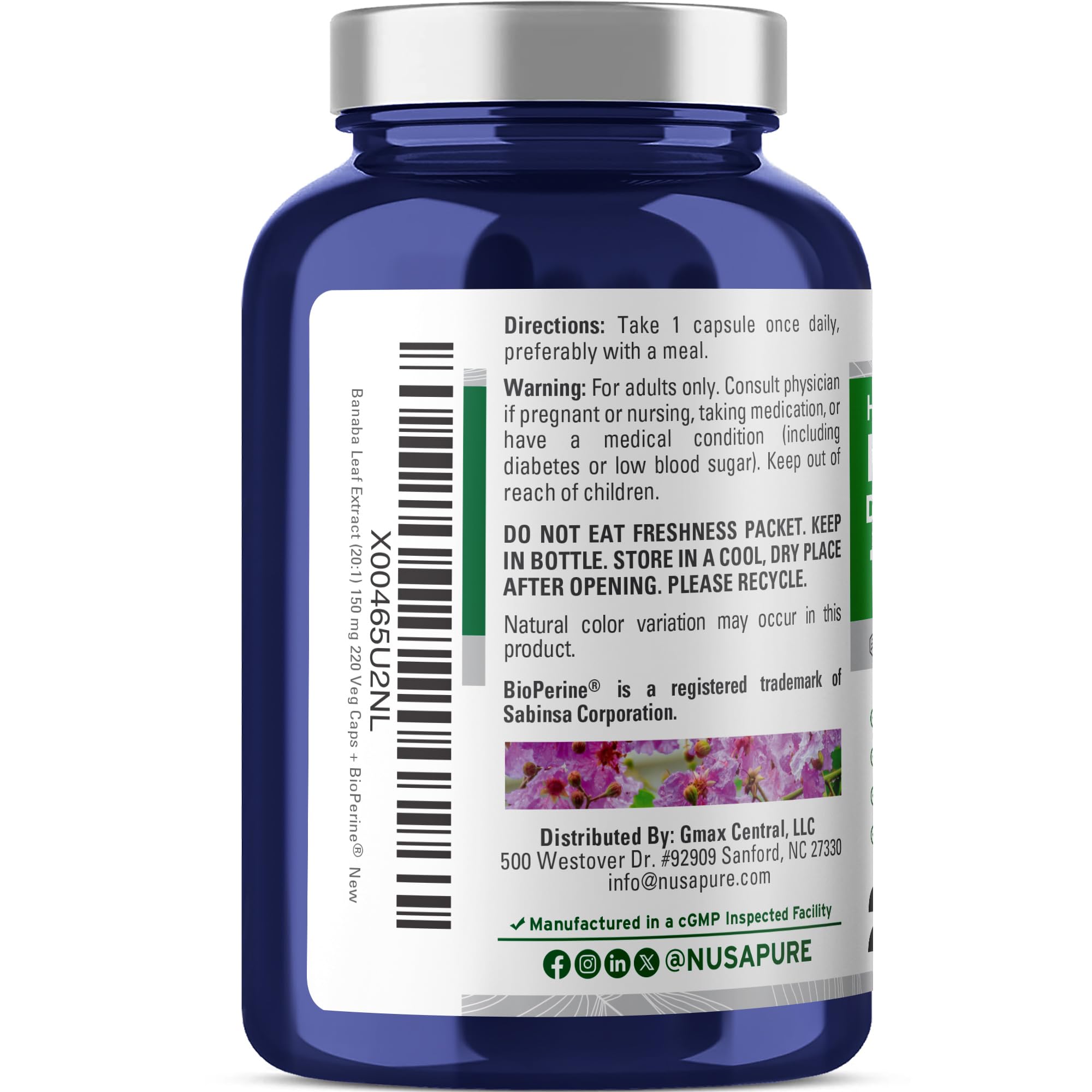 NusaPure Banaba Leaf Extract Capsules back view with ingredient list