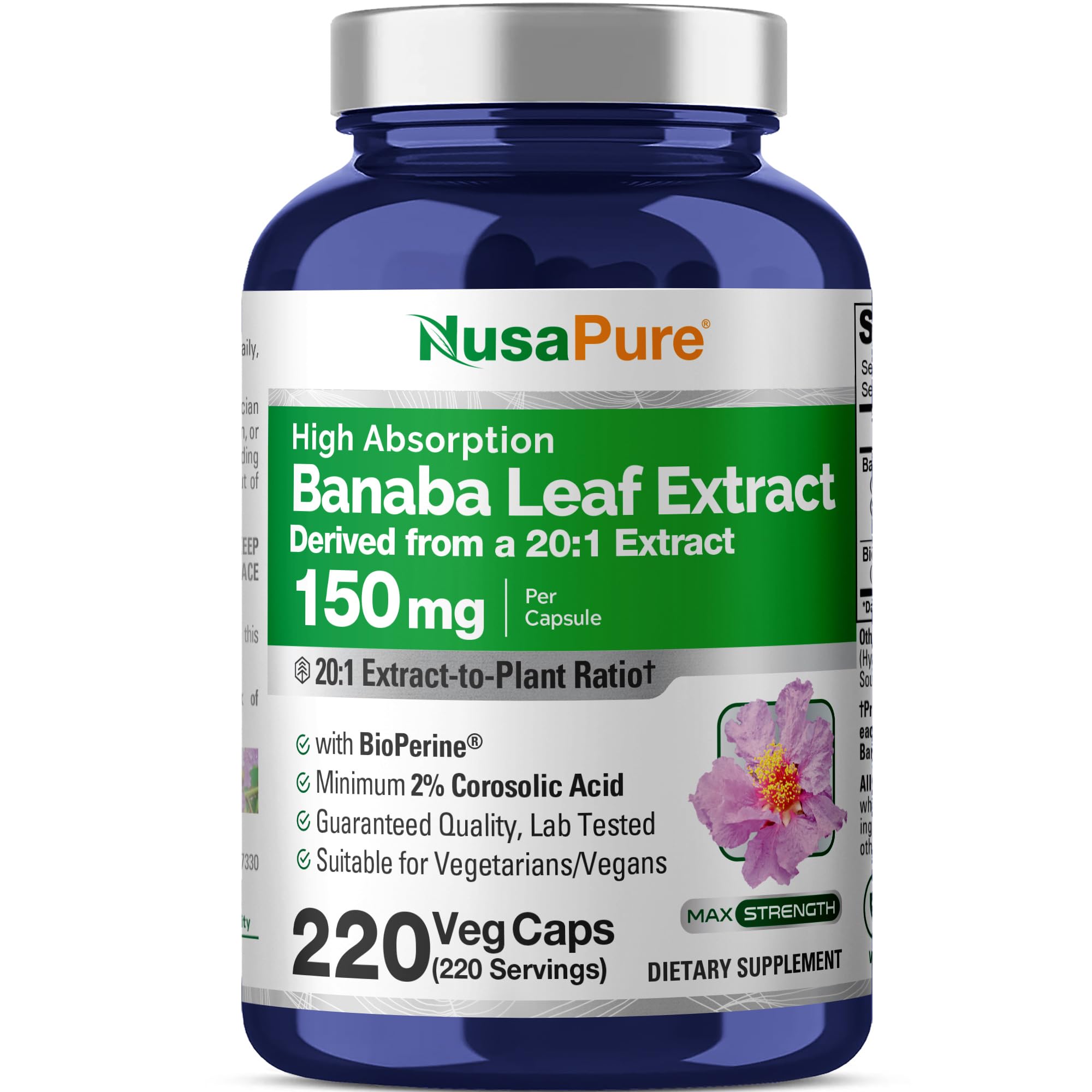 NusaPure Banaba Leaf Extract Capsules front view with bottle label