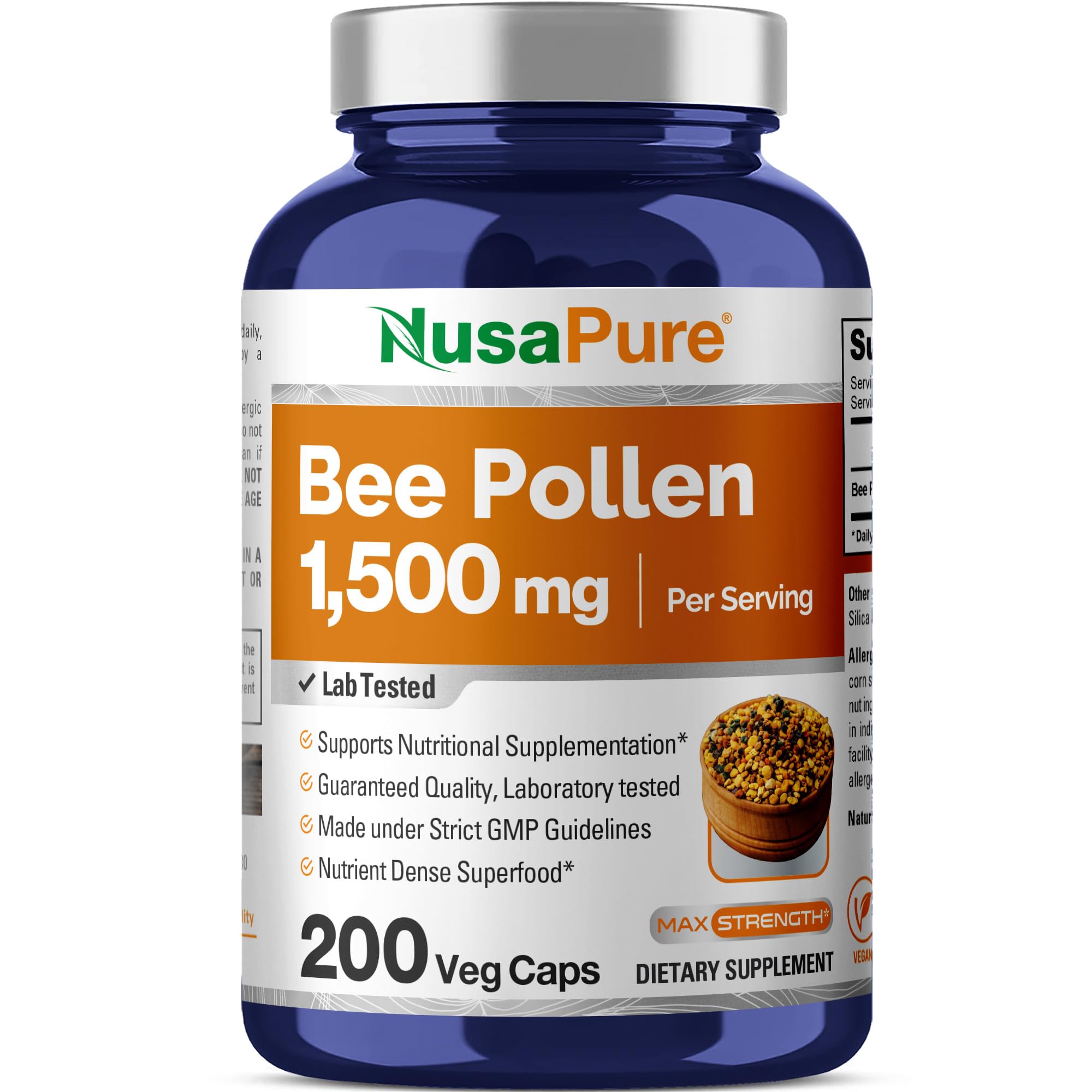 NusaPure Bee Pollen Powder 1500mg 200 Capsules front view