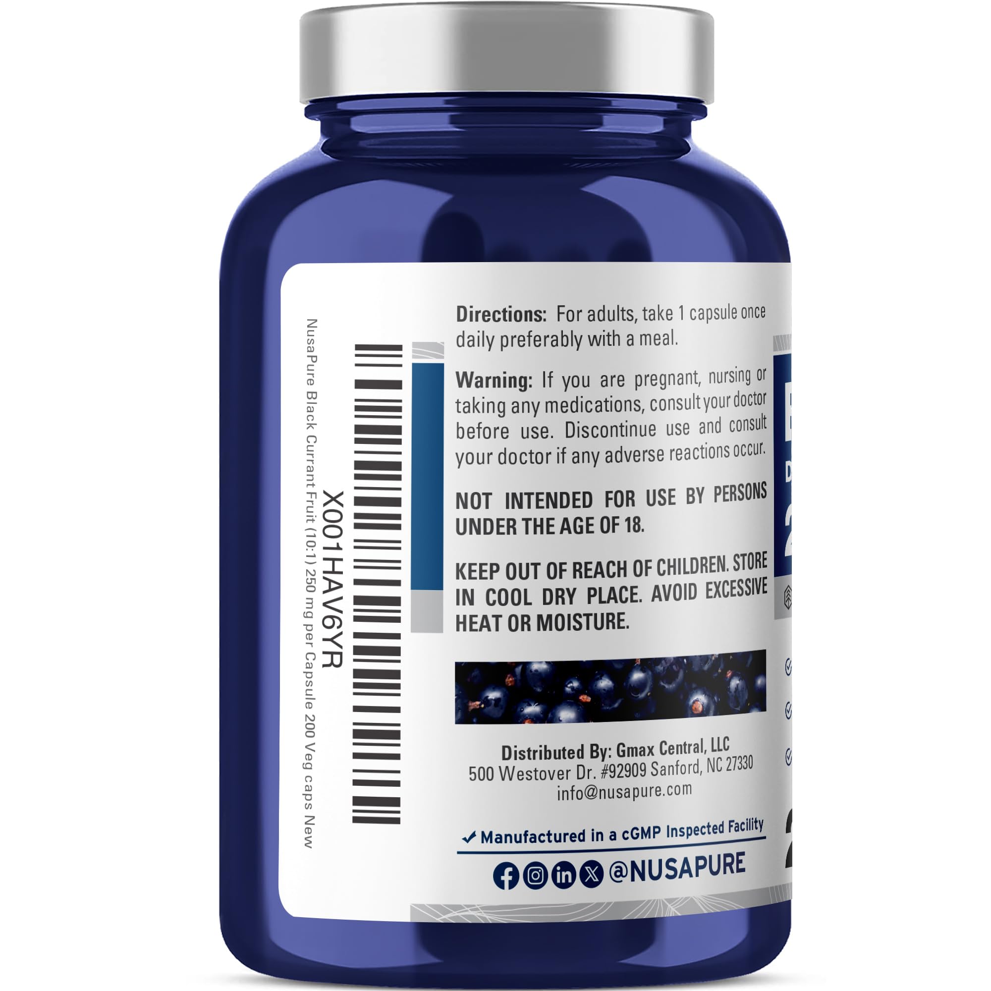 NusaPure Black Currant Oil Capsules 250mg side view showing capsule size