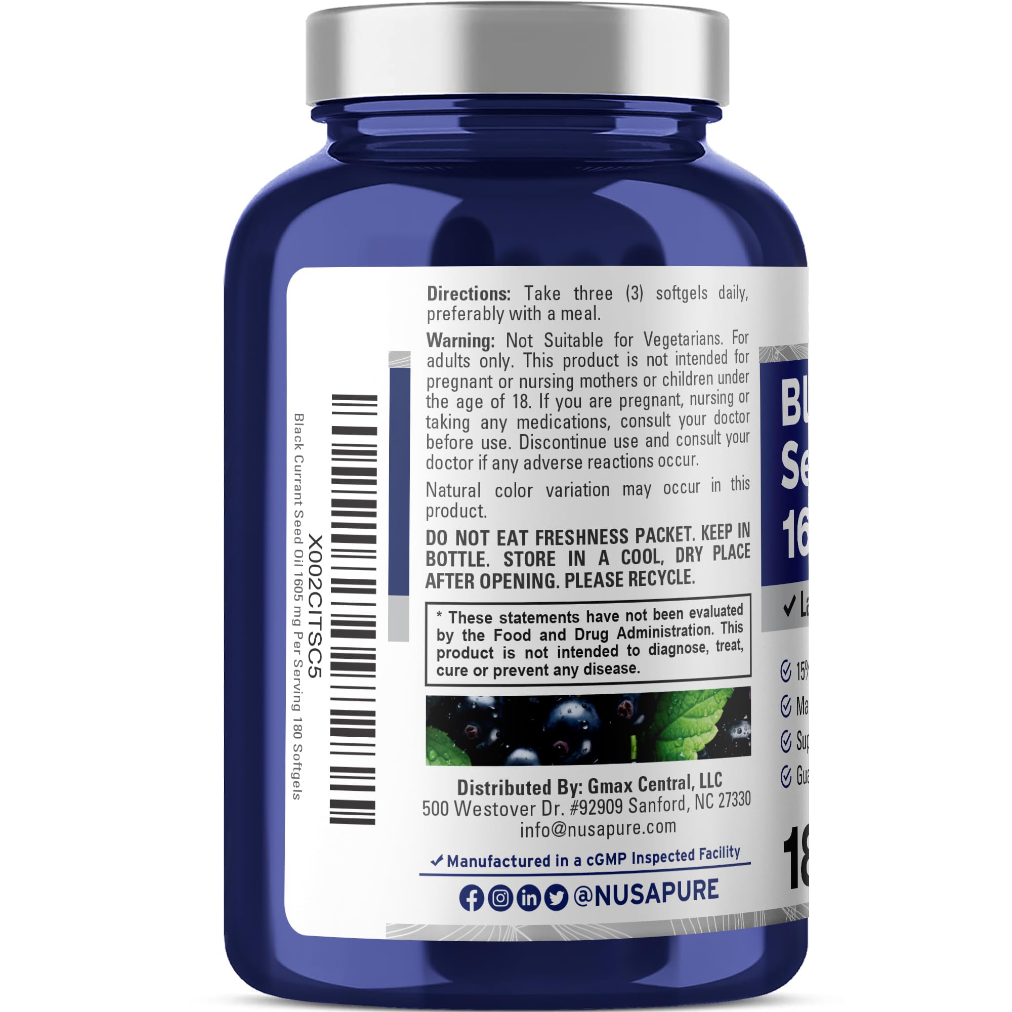 NusaPure Black Currant Oil softgels with dosage information