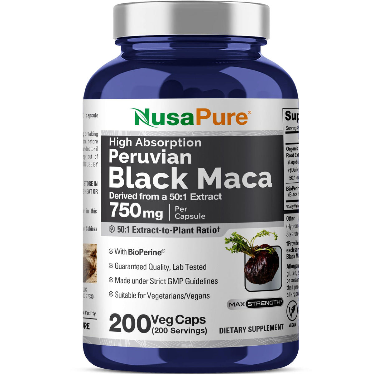 NusaPure Black Maca Root 750 mg capsules bottle front view