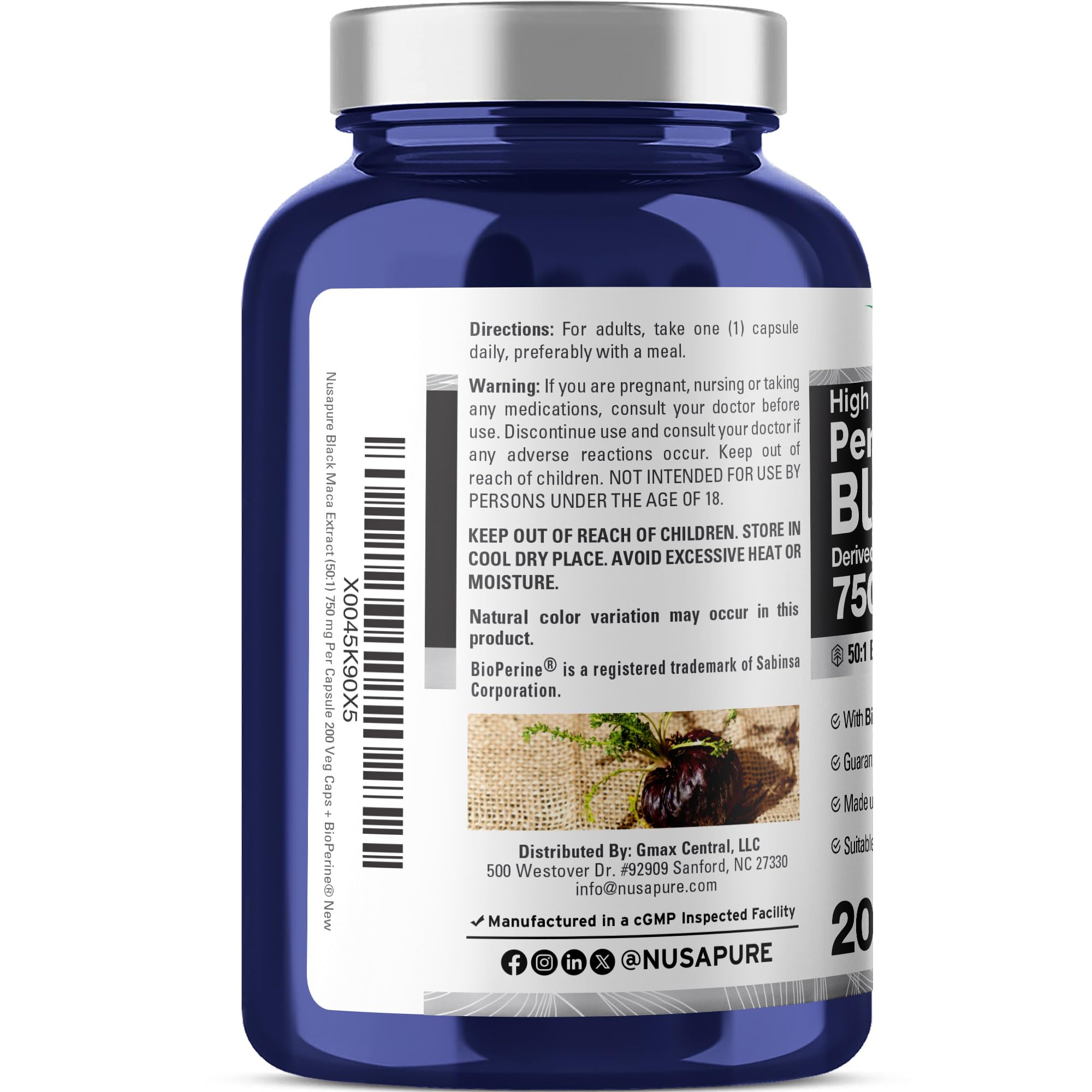 NusaPure Black Maca Root 750 mg capsules side view