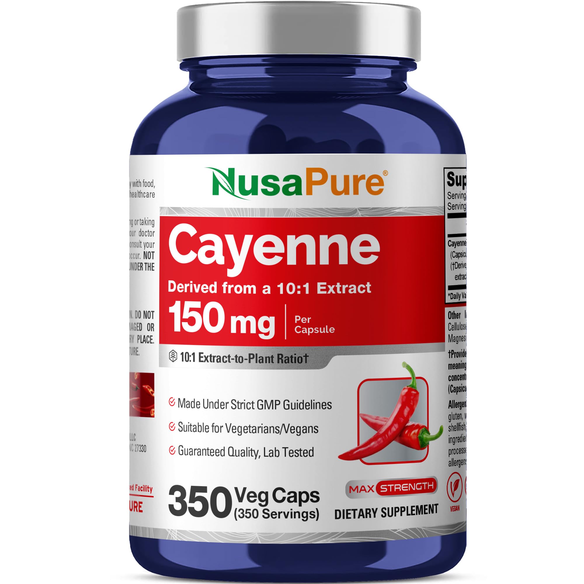 NusaPure Cayenne Pepper Capsules bottle front view with 350 capsules