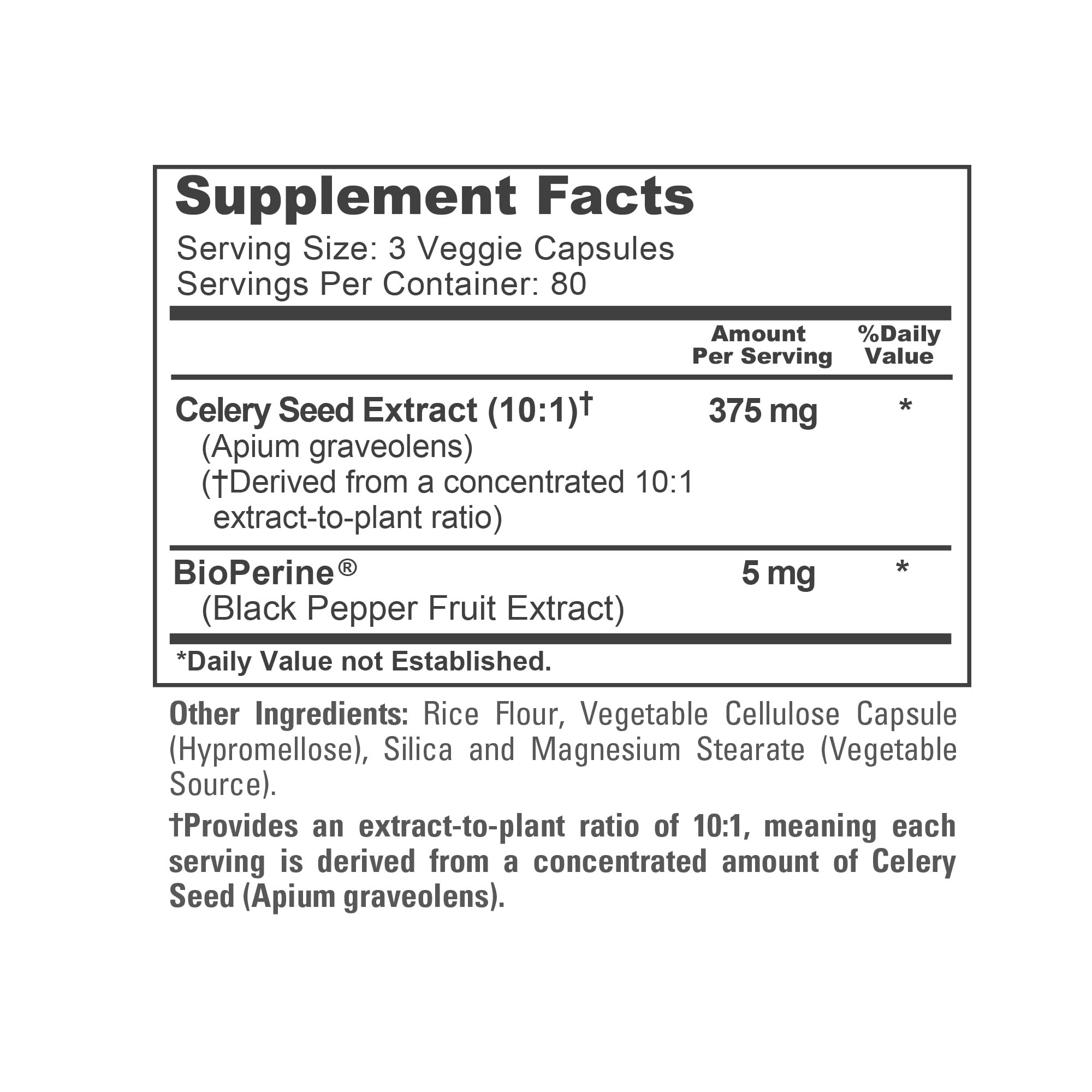 NusaPure Celery Seed Extract Capsules 375mg nutrition label