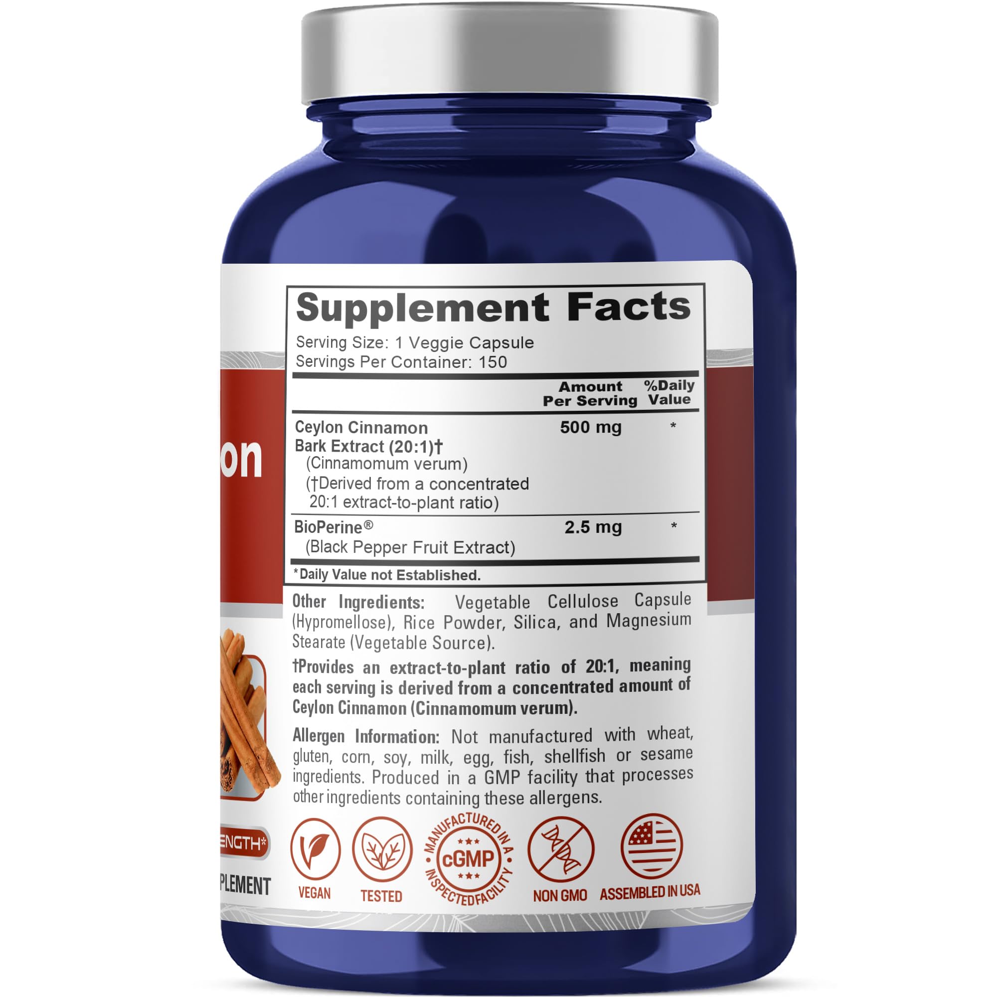 NusaPure Ceylon Cinnamon Capsules 150 count label close-up