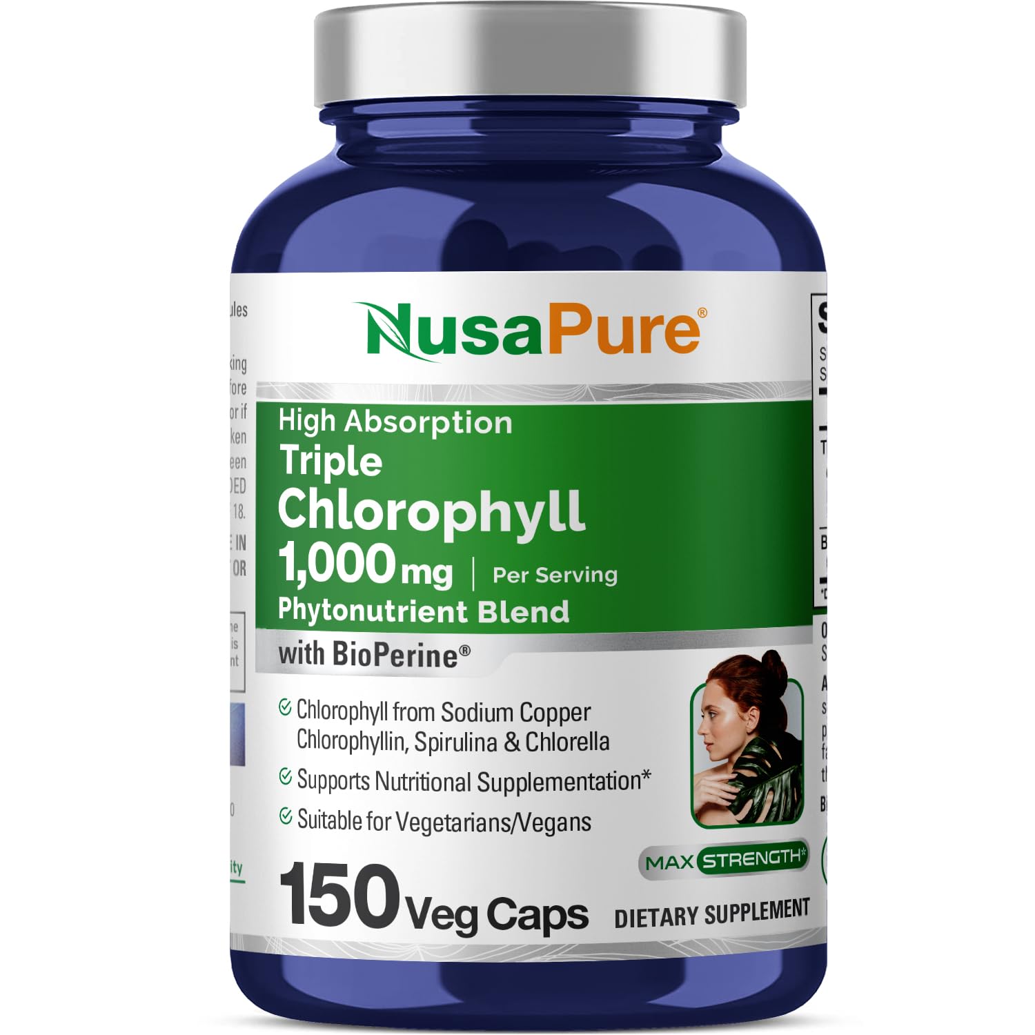 NusaPure Chlorophyll Supplement 1000mg 150 veggie capsules front view