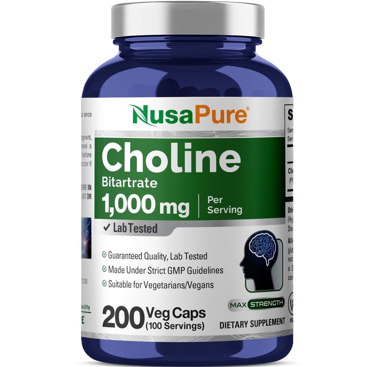 NusaPure Choline Bitartrate 200 capsules bottle front view