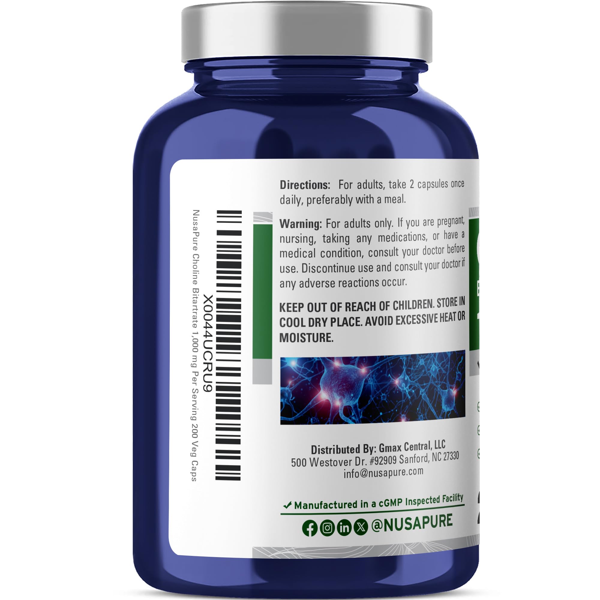 NusaPure Choline Bitartrate 200 capsules bottle side view