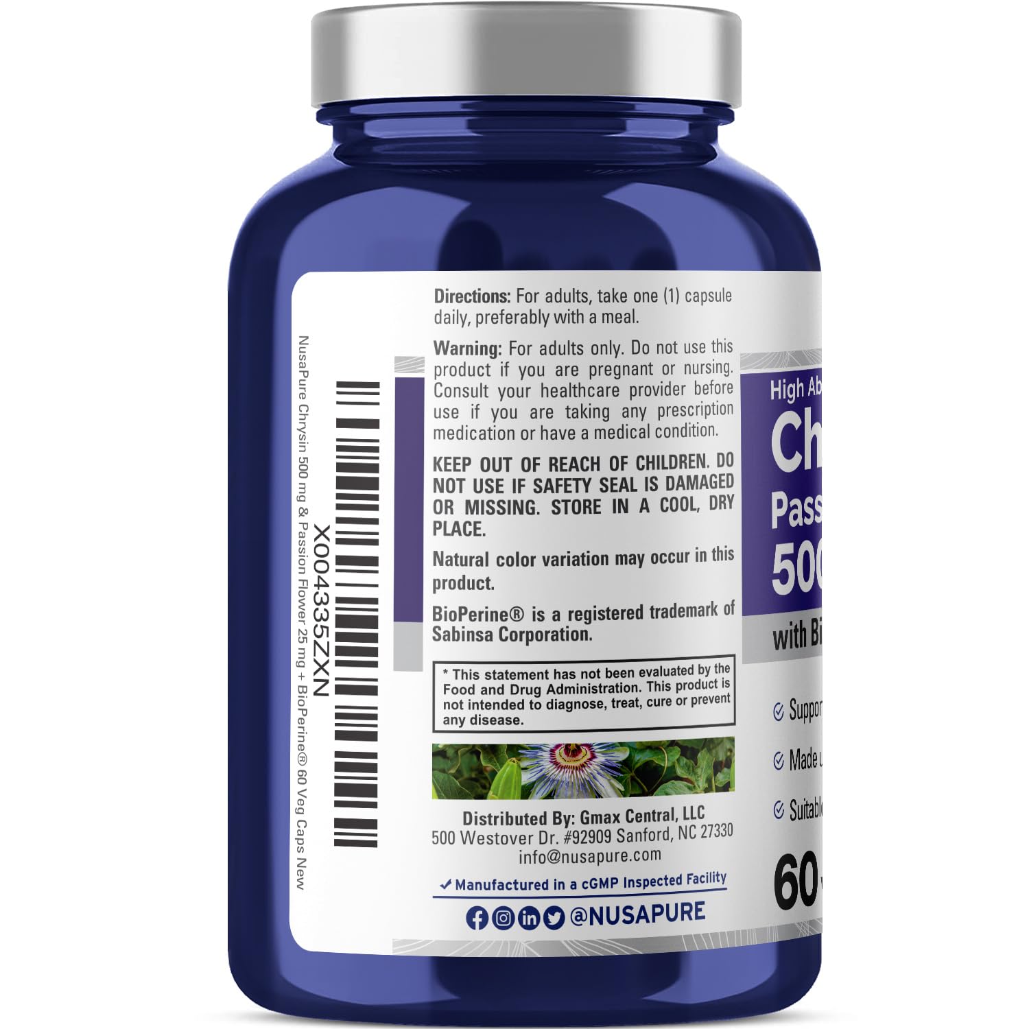 NusaPure Chrysin 20:1 Extract 500mg bottle side view