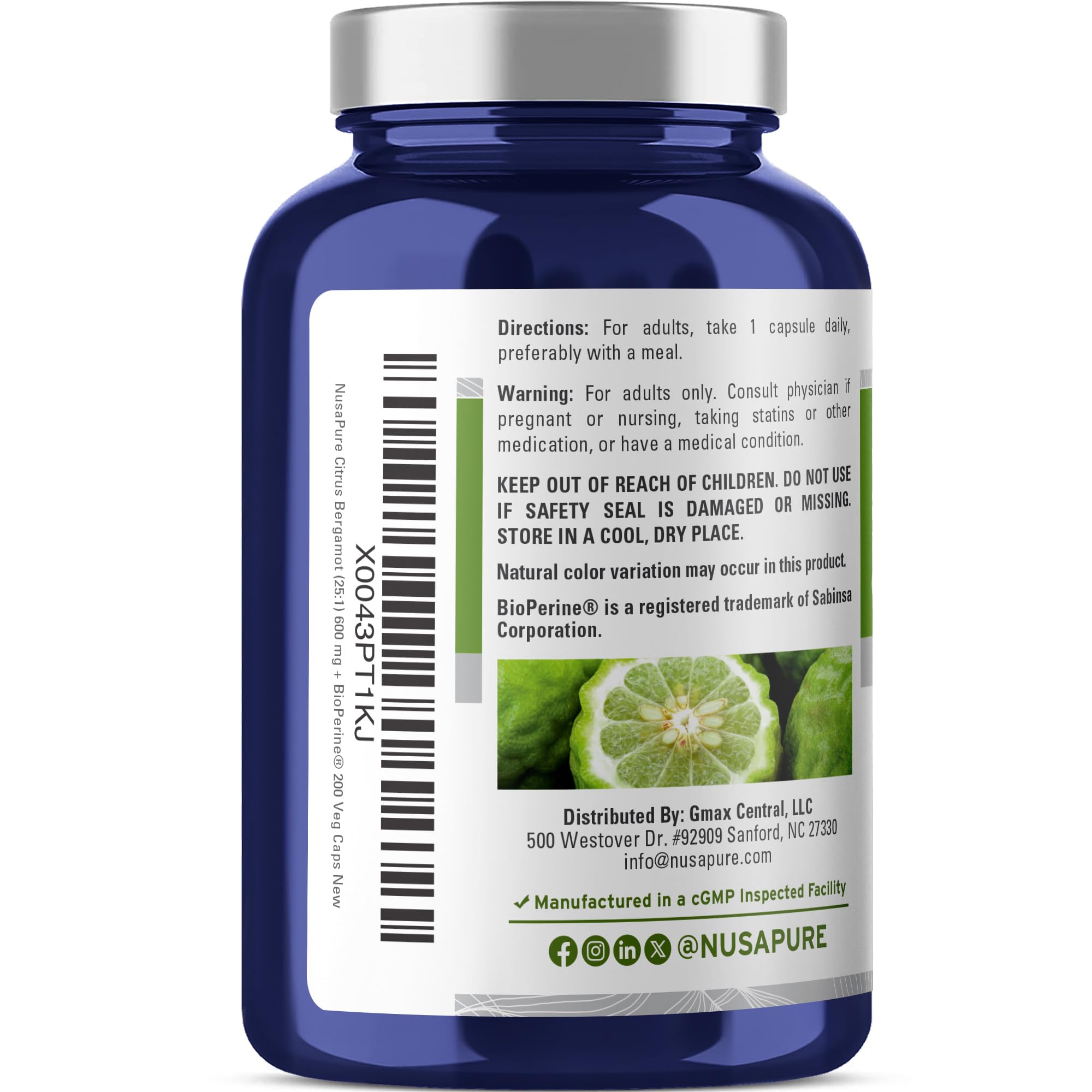 NusaPure Citrus Bergamot Capsules 600mg back label with ingredients