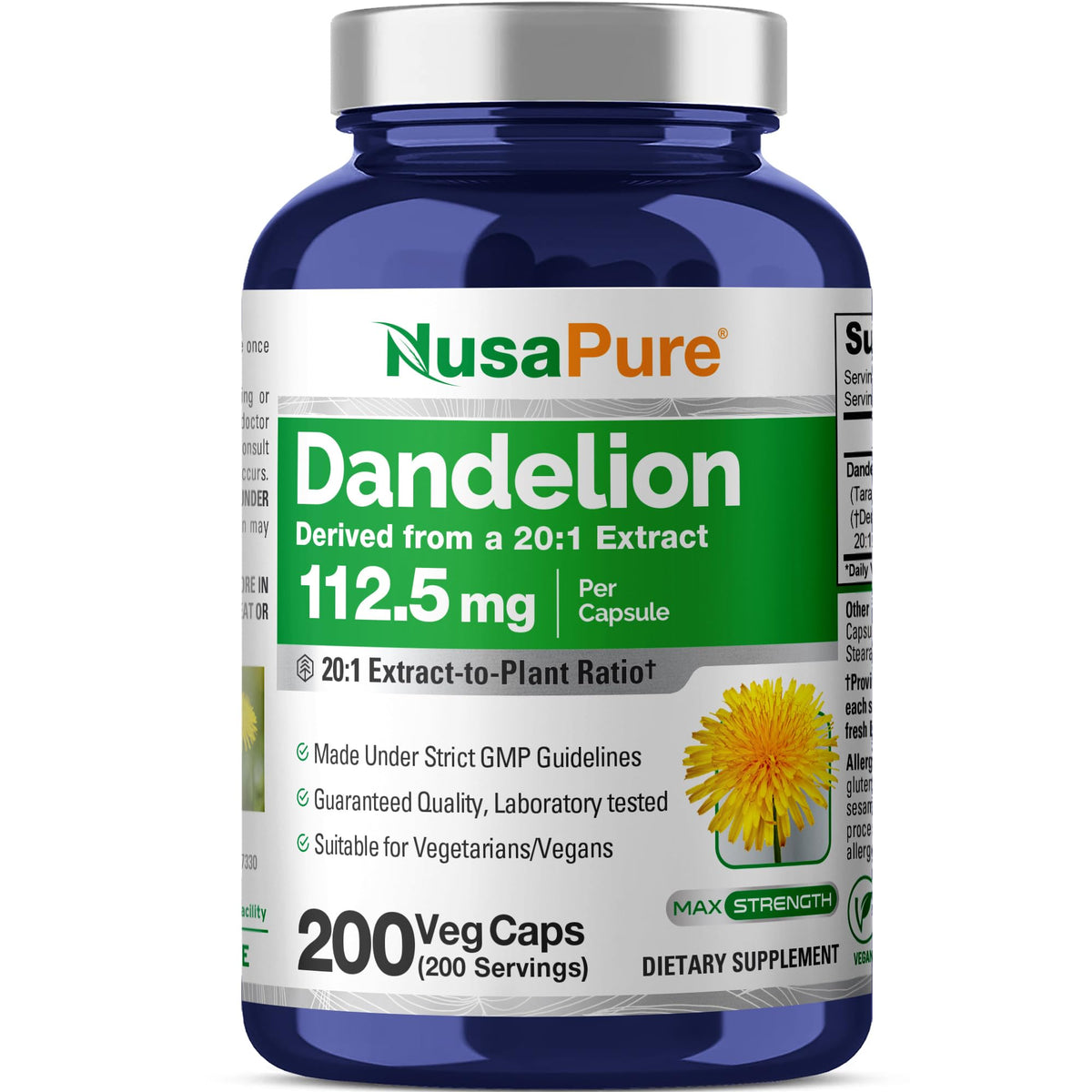 NusaPure Dandelion Capsules 200 Count bottle front view