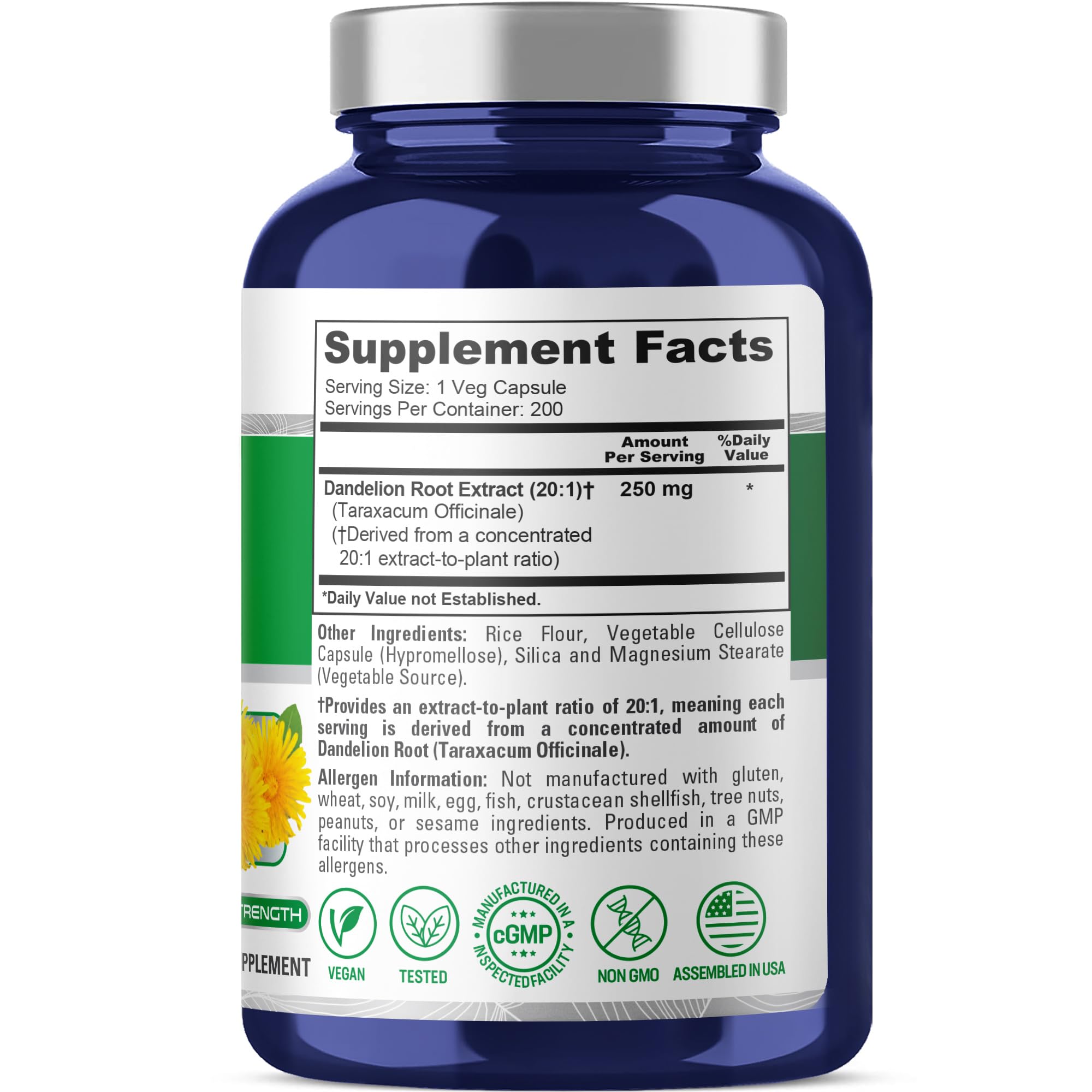 NusaPure Dandelion Root Capsules 250mg bottle side view