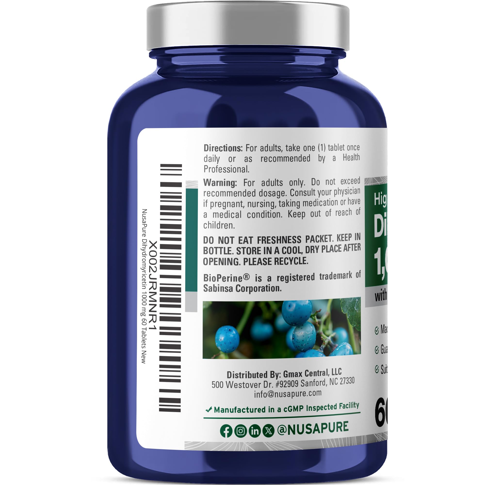 NusaPure Dihydromyricetin DHM 1000mg supplement bottle with label