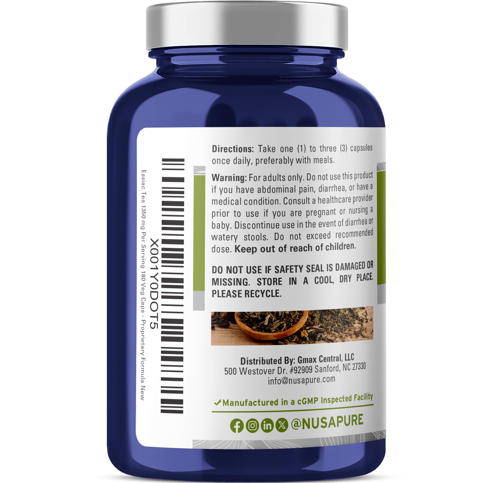 NusaPure Essiac Tea Supplement 1,350mg label close-up