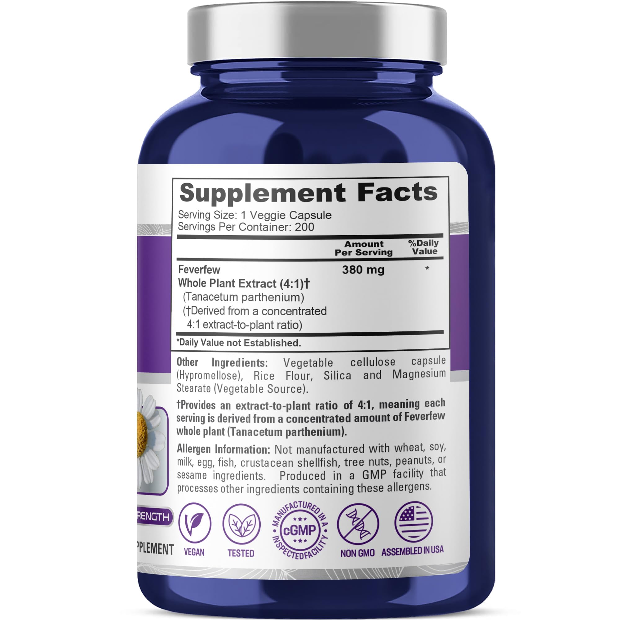 NusaPure Feverfew Capsules 380 mg bottle side view