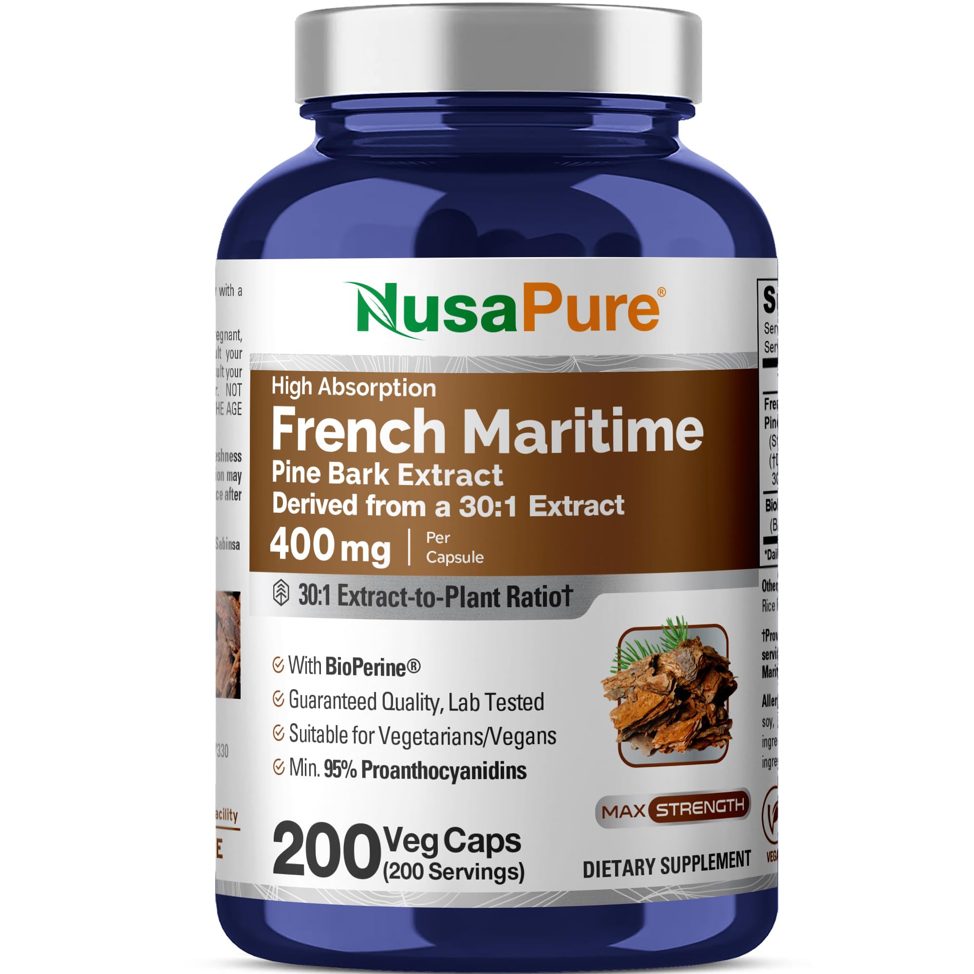 NusaPure French Maritime Pine Bark Extract 400mg capsules front view