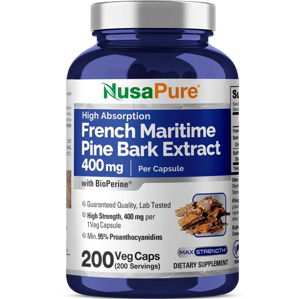 NusaPure French Maritime Pine Bark Extract 400mg veggie capsules front view