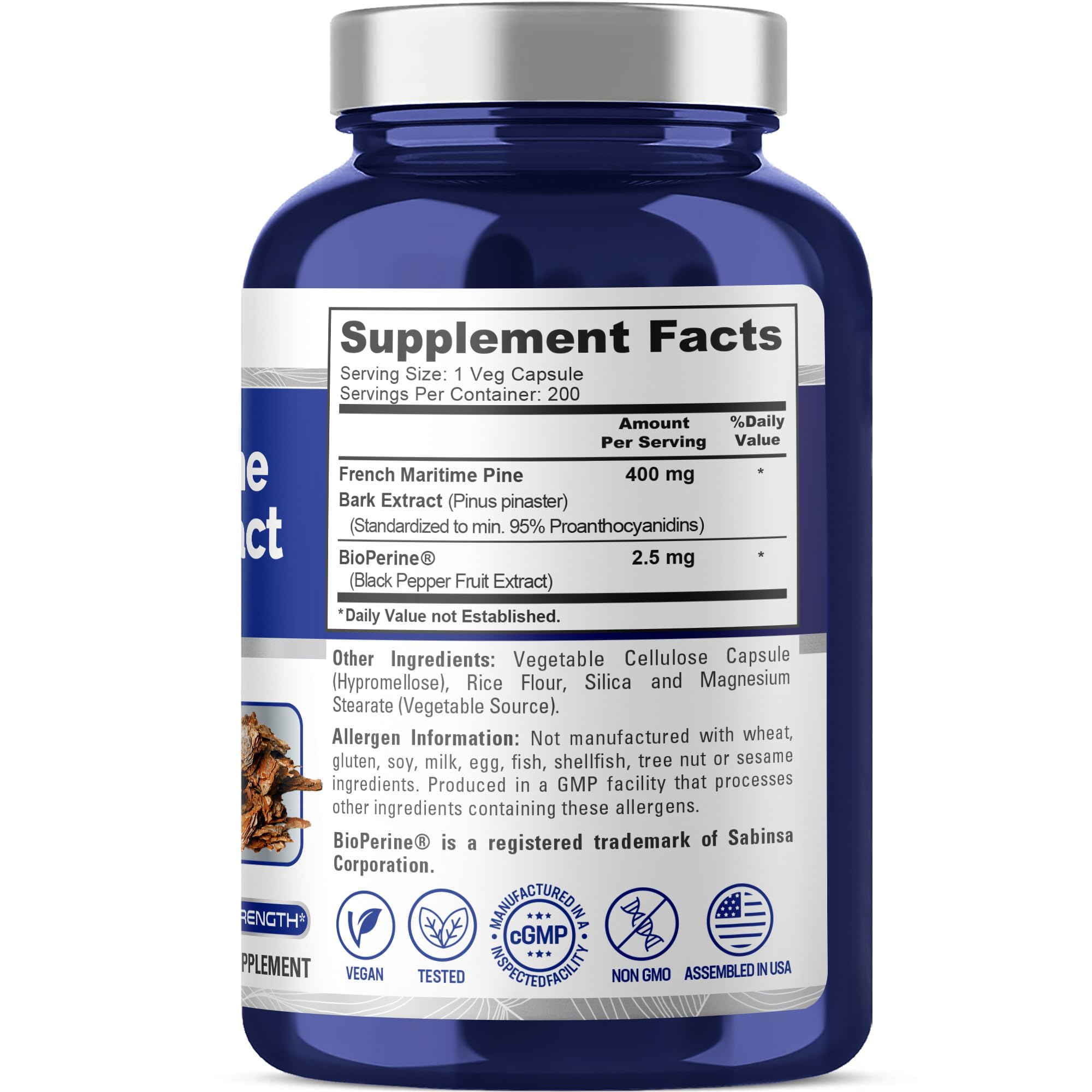 NusaPure French Maritime Pine Bark Extract 400mg veggie capsules side view