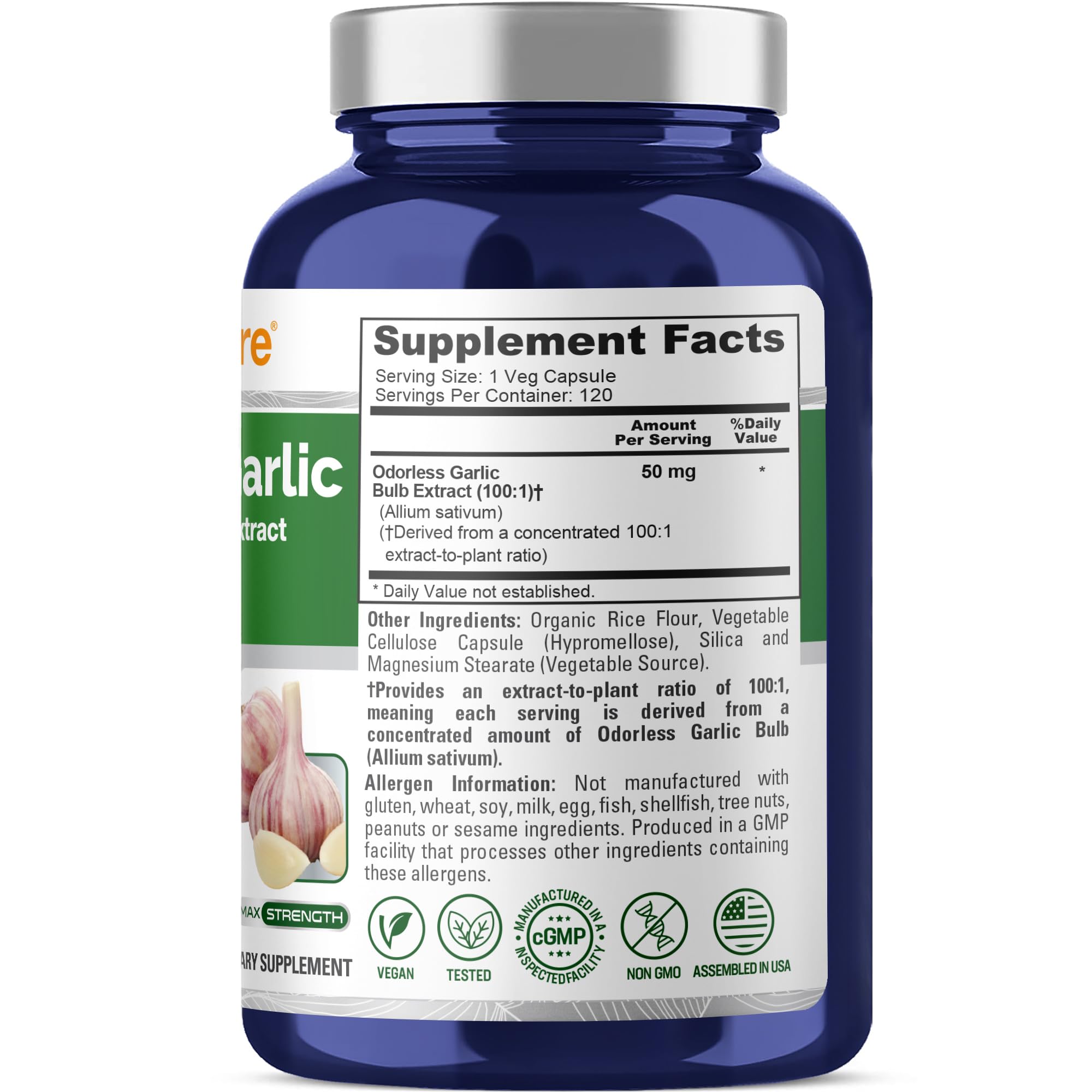 NusaPure Garlic Supplement 50mg Odorless Garlic 120 Capsules bottle side view