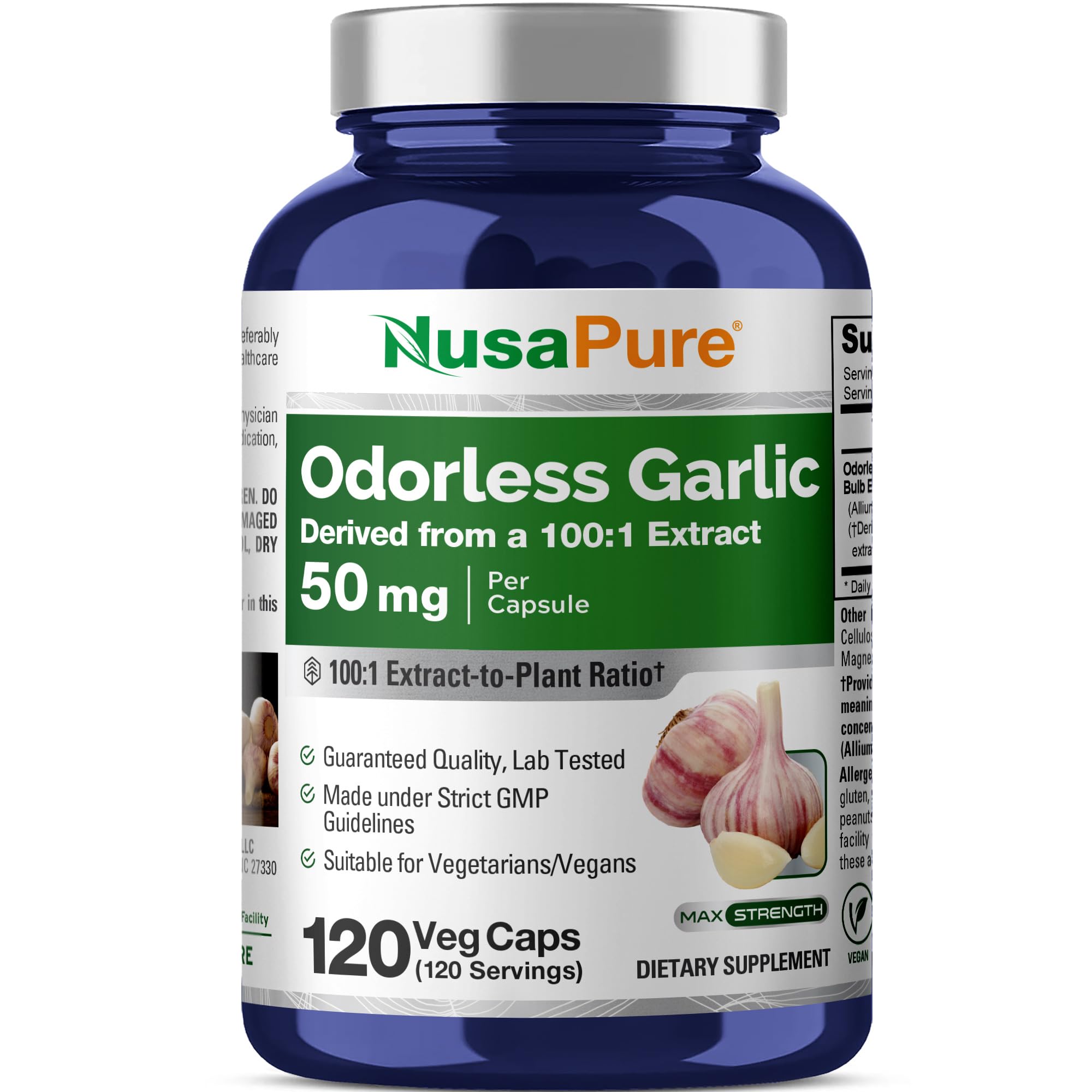 NusaPure Garlic Supplement 50mg Odorless Garlic 120 Capsules front view