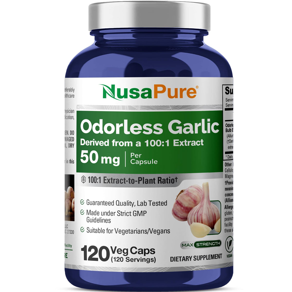NusaPure Garlic Supplement 50mg Odorless Garlic 120 Capsules front view