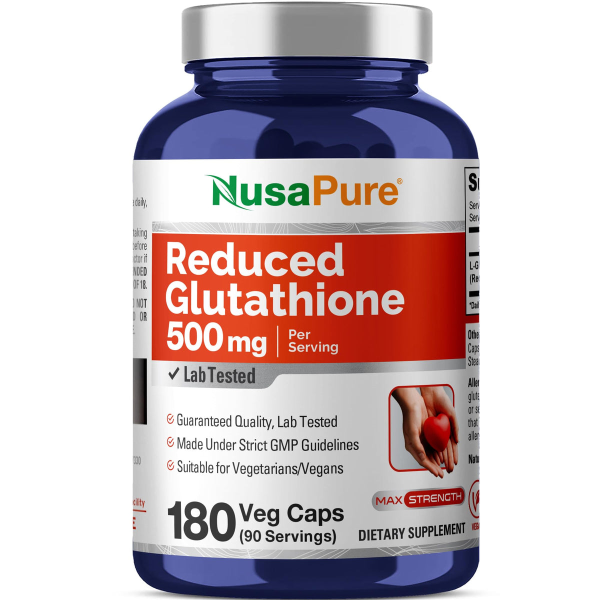 NusaPure Glutathione Supplement 500mg 180 veggie capsules front view