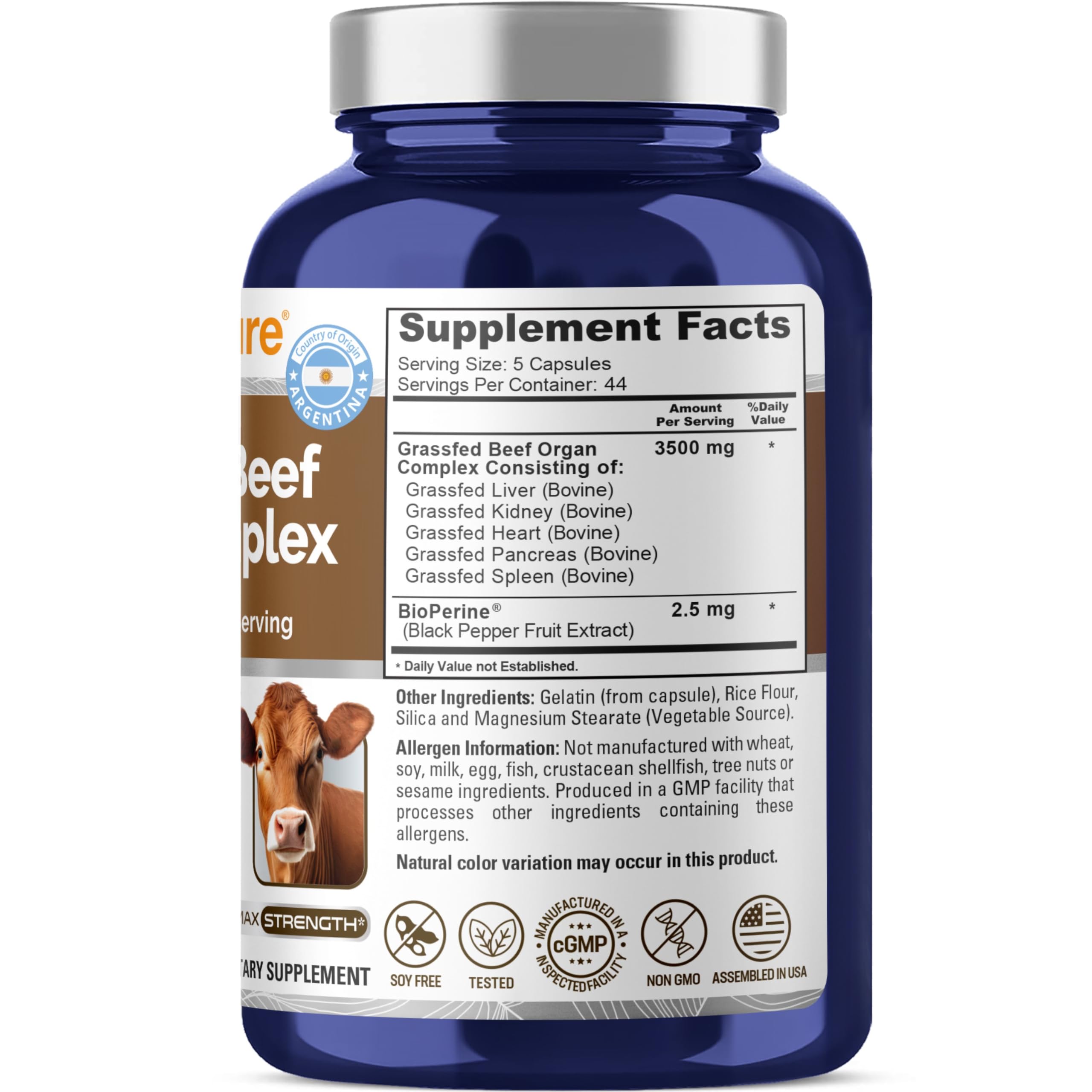 NusaPure Grass Fed Beef Organ Complex 220 capsules side view