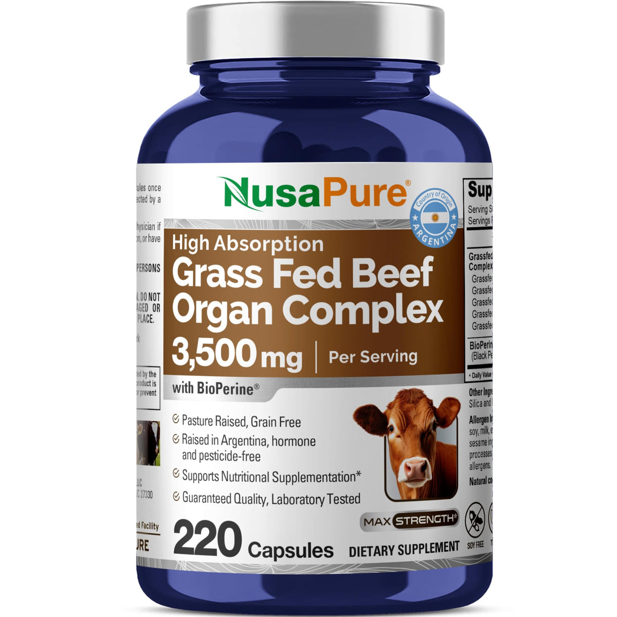 NusaPure Grass Fed Beef Organ Complex 3500mg capsules front view