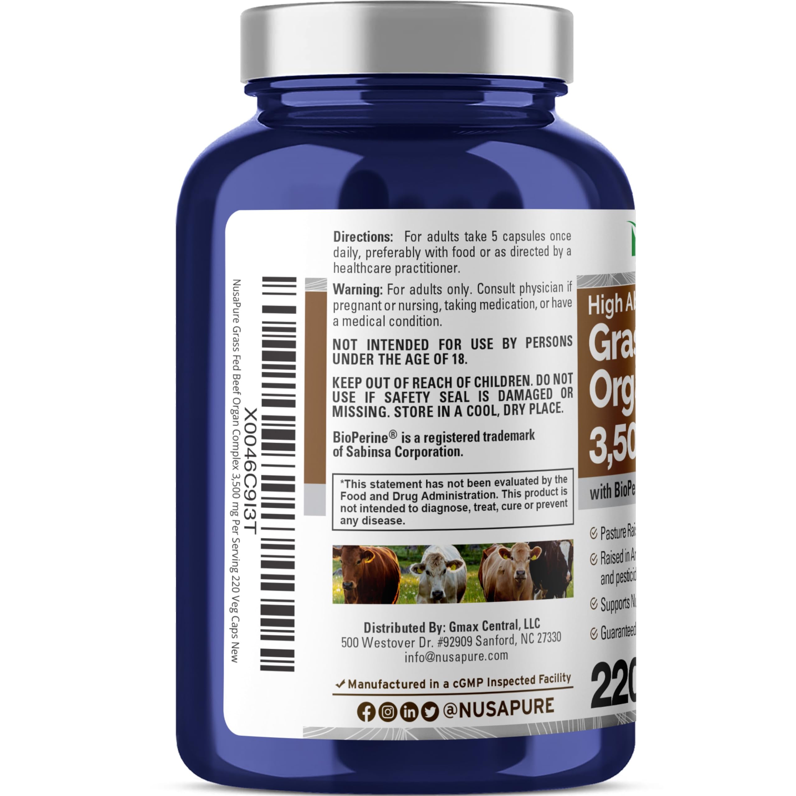 NusaPure Grass Fed Beef Organ Complex packaging with label