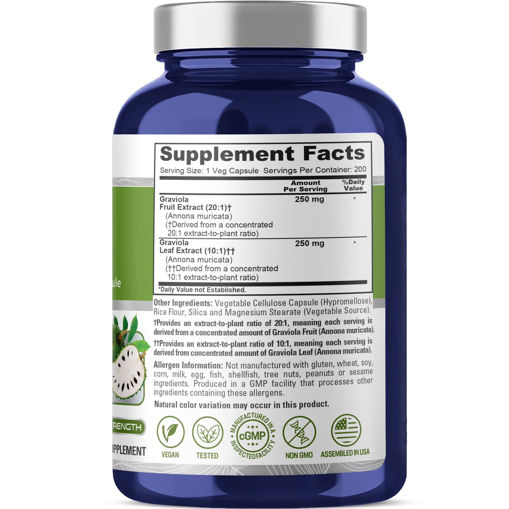 NusaPure Graviola Capsules 500mg side view with label