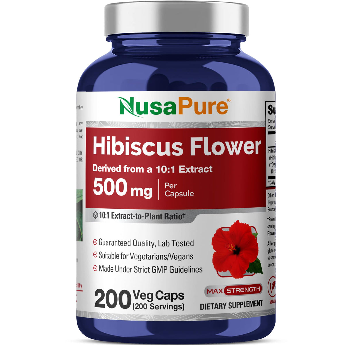 NusaPure Hibiscus Flower Capsules 500mg bottle front view