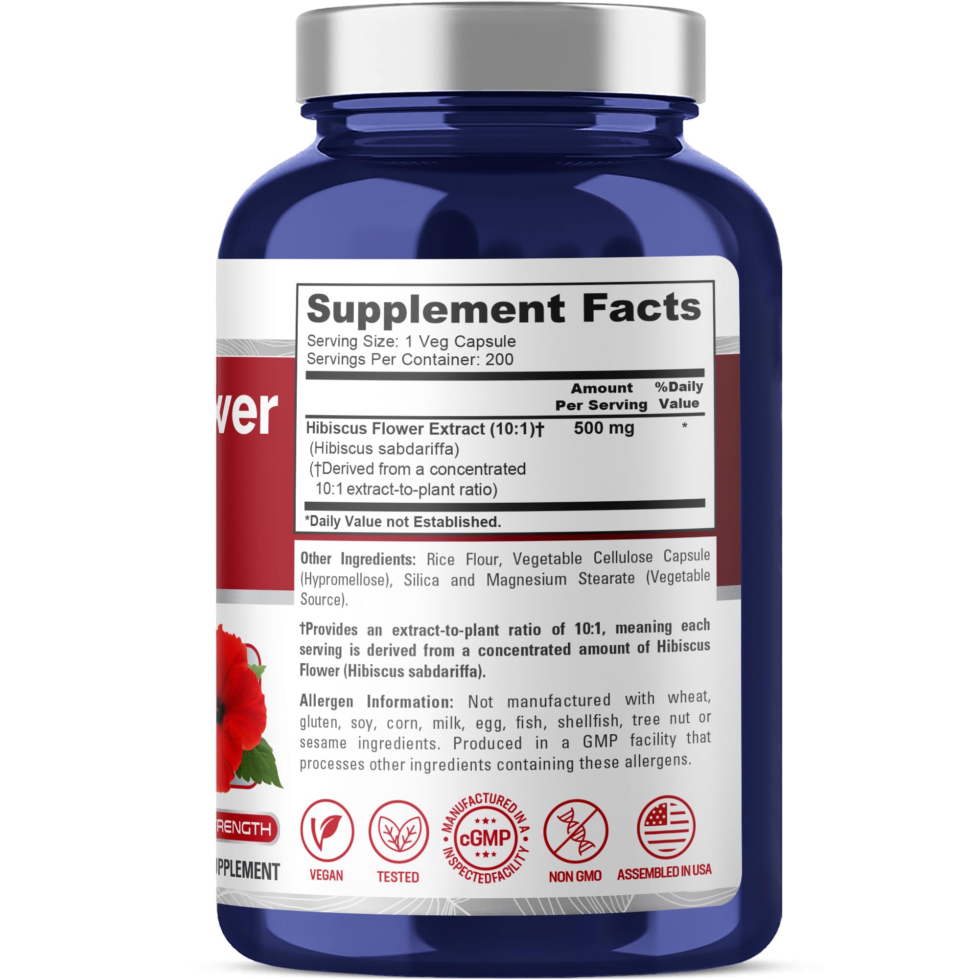 NusaPure Hibiscus Flower Capsules 500mg bottle side view