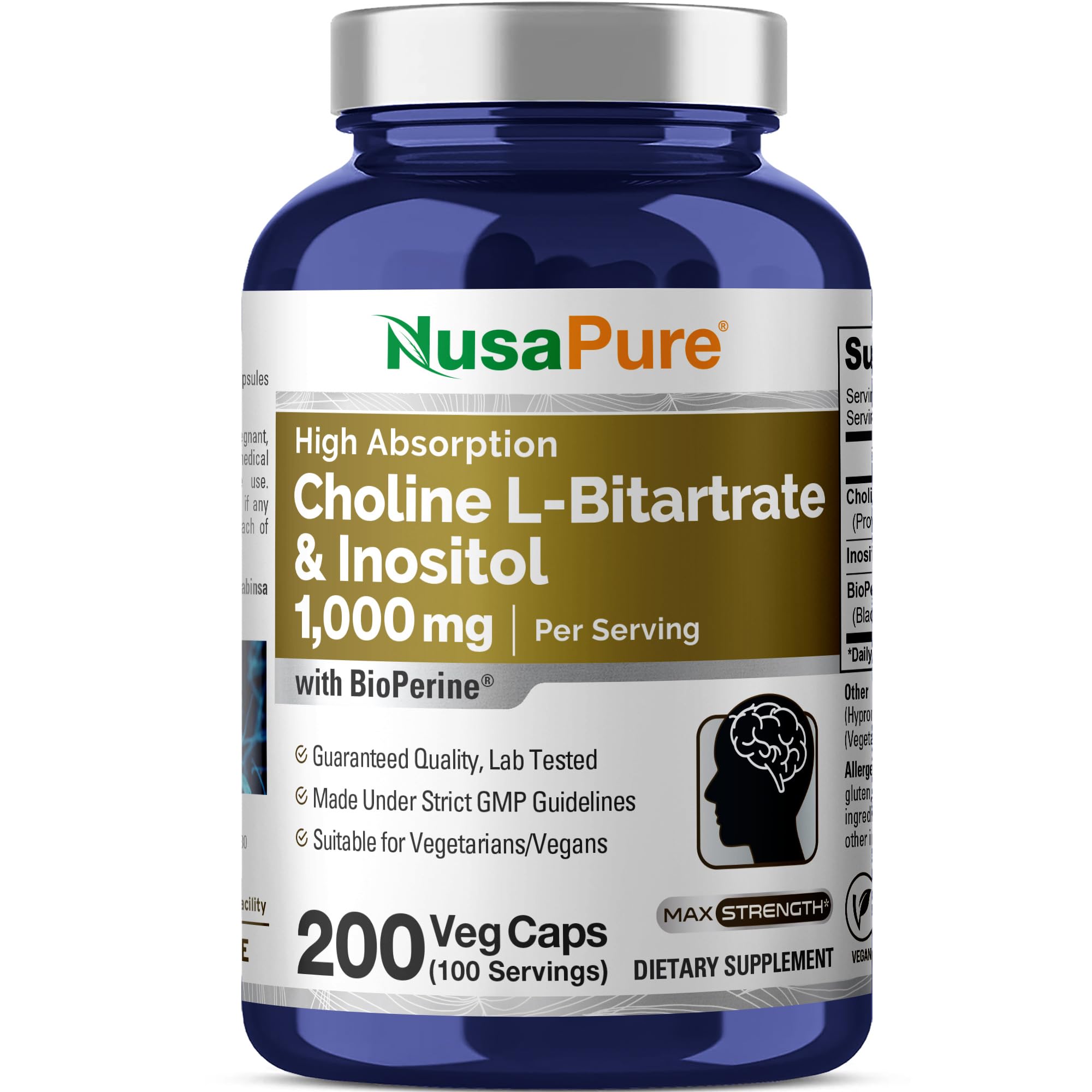 NusaPure Inositol & Choline 1000mg supplement front view with 200 veggie capsules