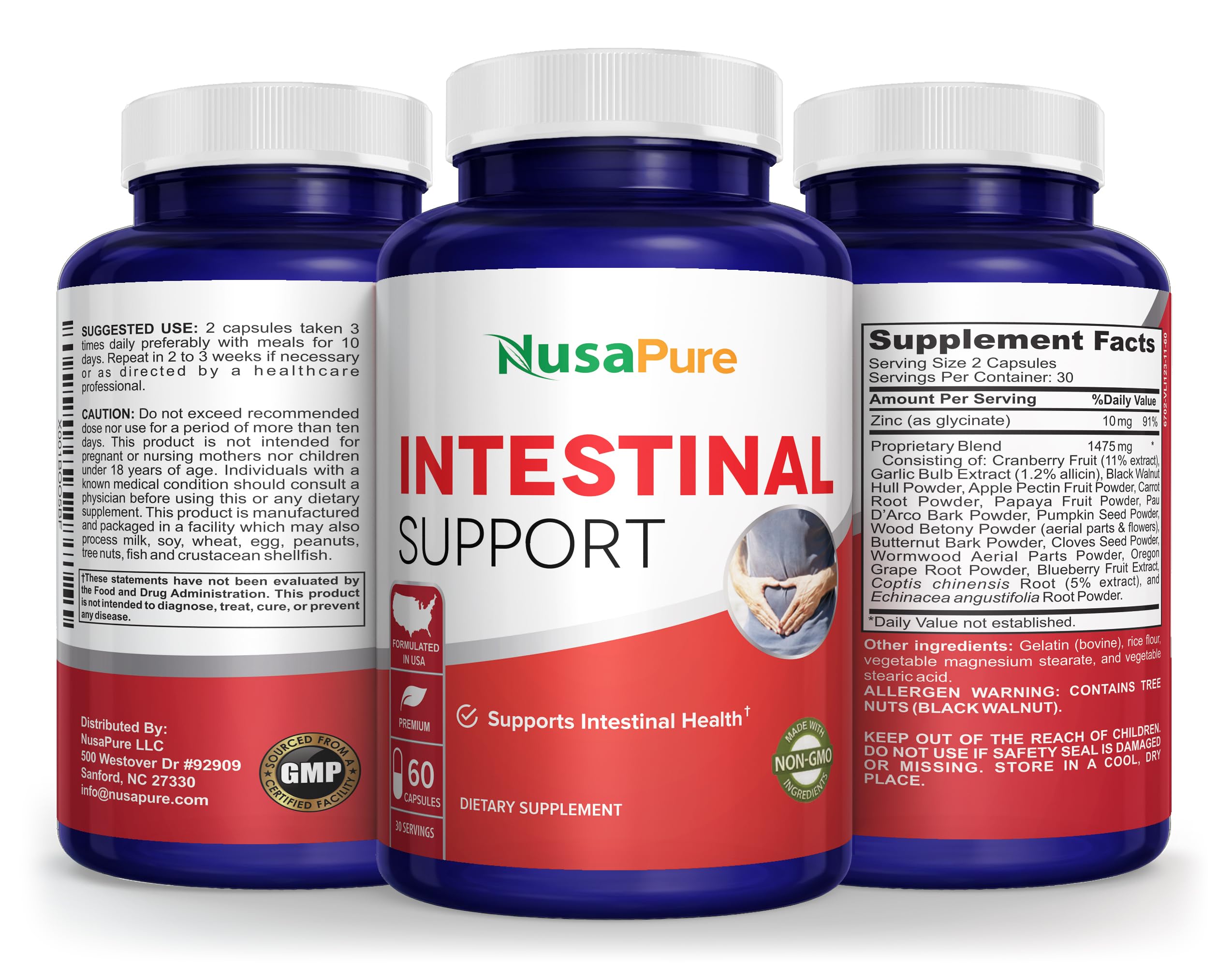 NusaPure Intestinal Support Supplement with capsules on a wooden table